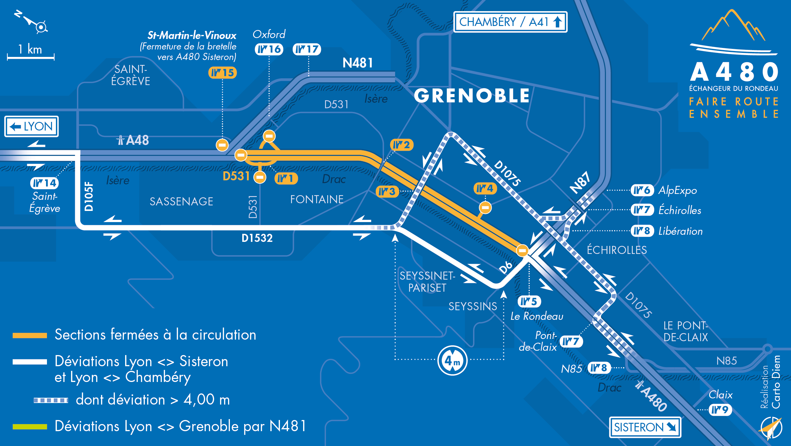 Carte de déviation suite à l'aménagement de l'autoroute urbaine A480 entre la biffurcation A48/A480/N481 et le Rondeau