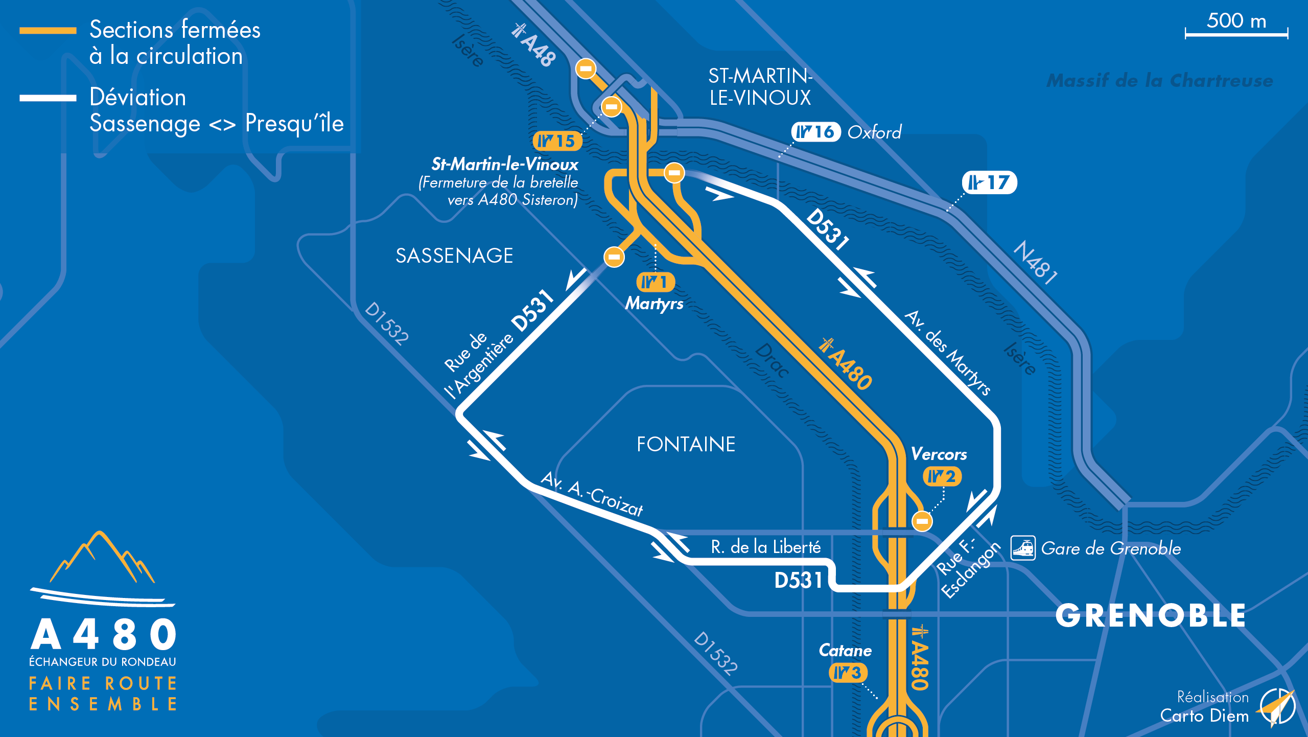 Carte de déviation suite aux travaux effectués sur la D531 par les équipes d'AREA