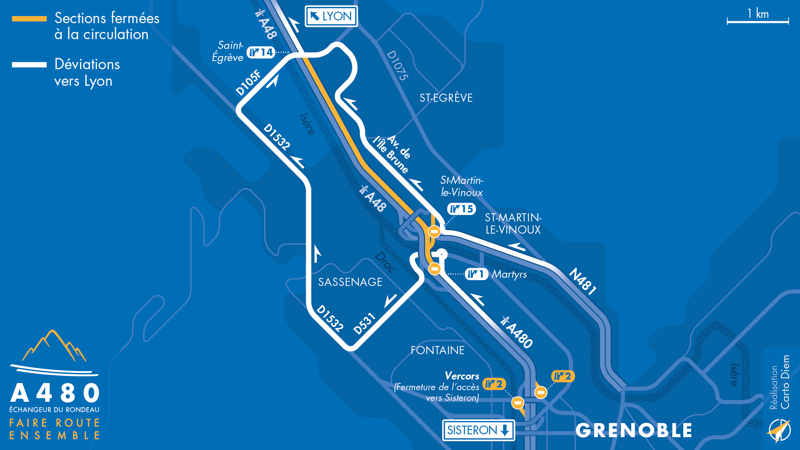 Carte de déviation suite à l'aménagement de l'autoroute urbaine A480 entre Martyrs et Saint-Egrève