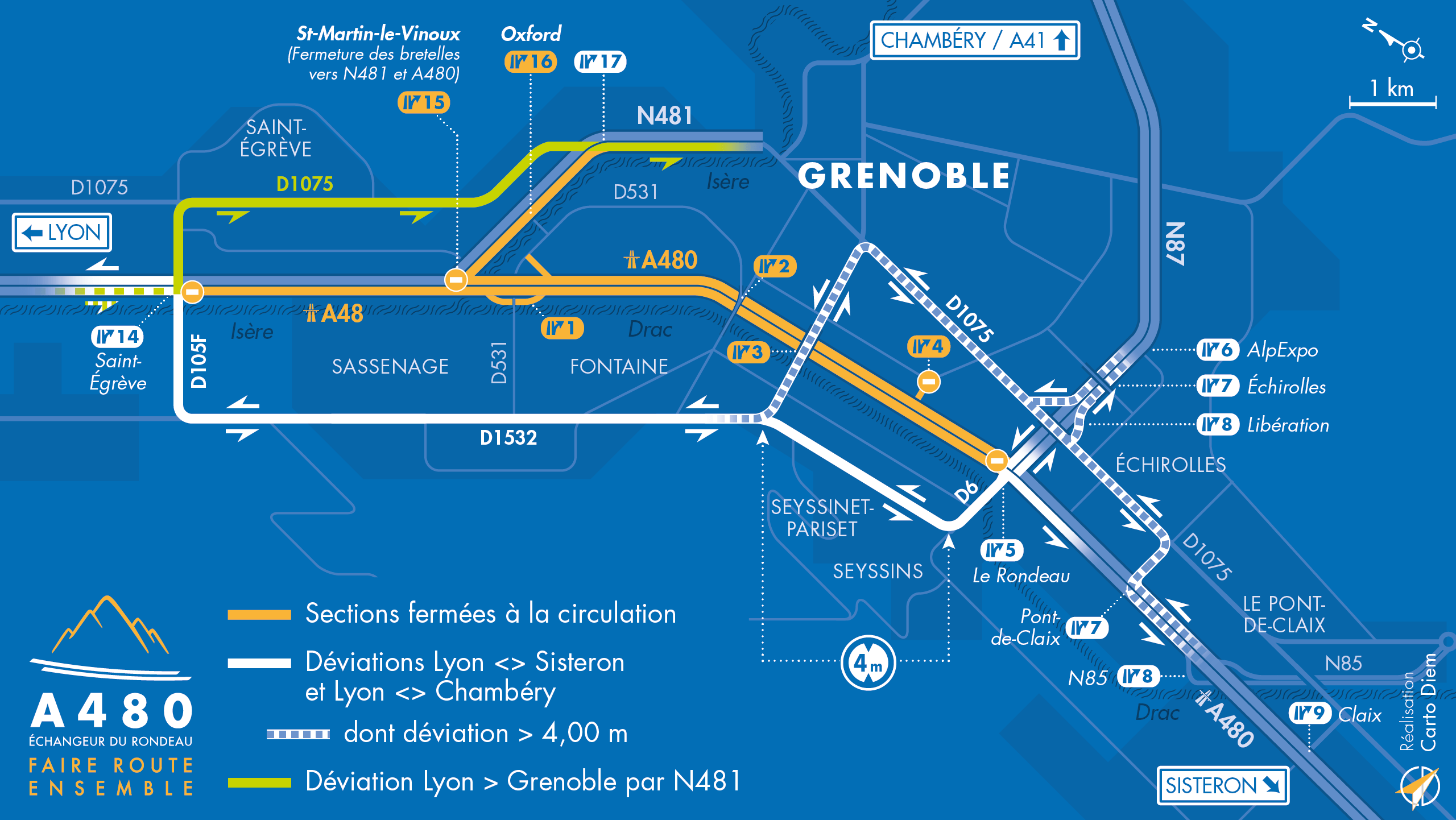 Carte de déviation suite à l'aménagement de l'autoroute urbaine A480 sur Grenoble