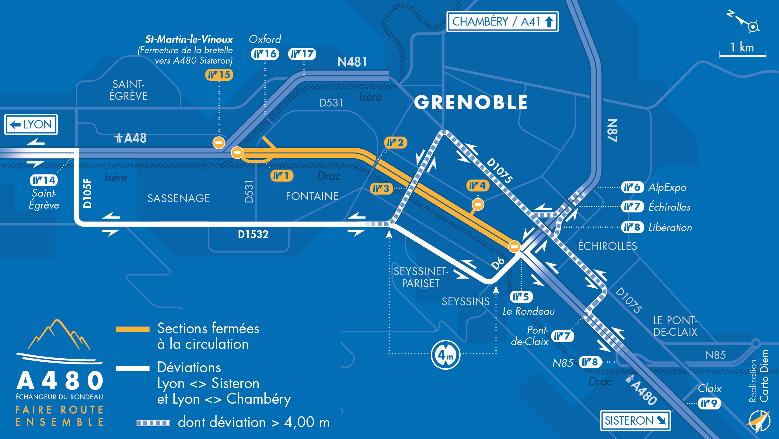 Carte de déviation suite à l'aménagement de l'autoroute urbaine A480 sur le bassin Grenoblois