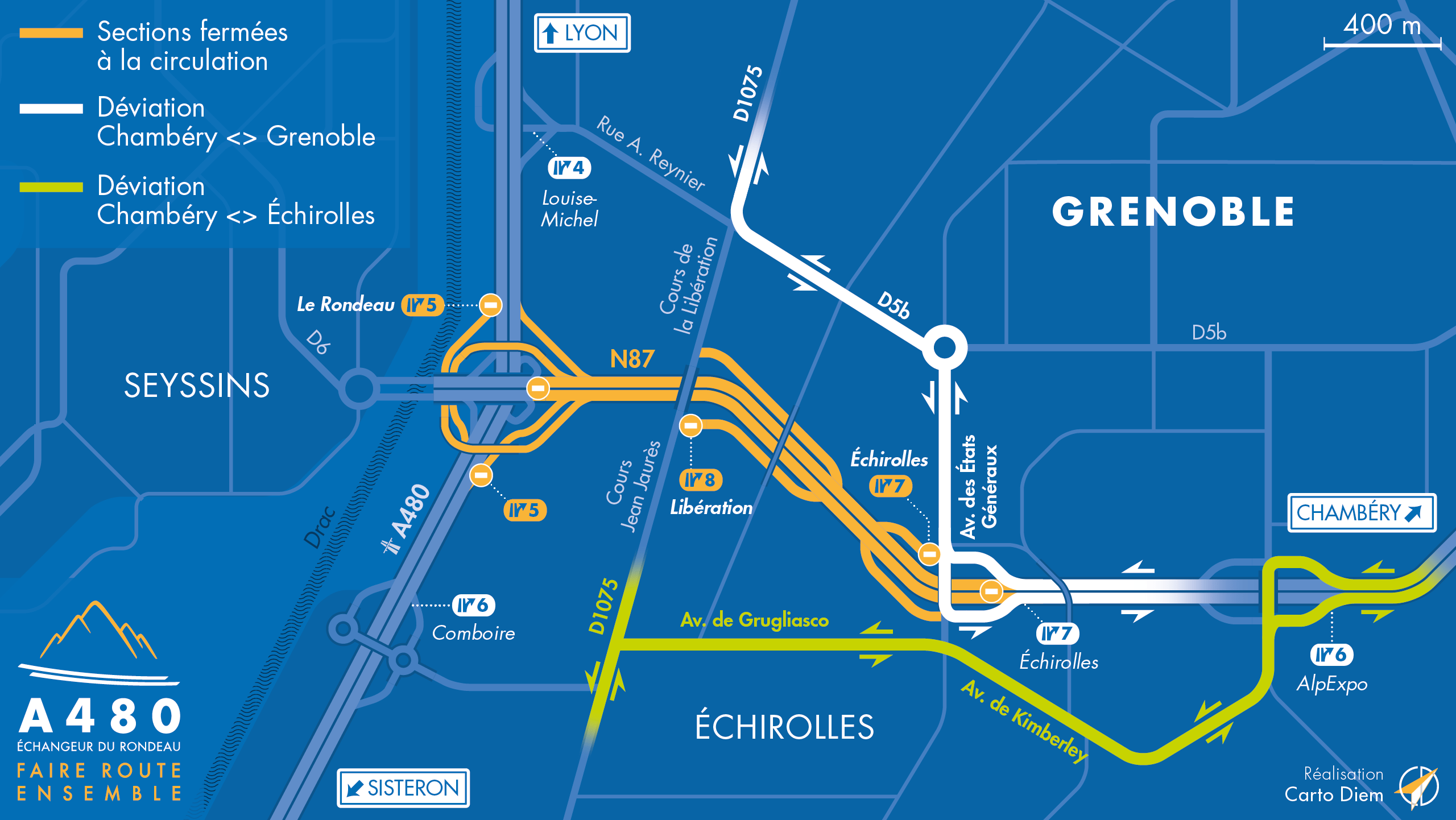 Carte de déviation suita à la fermeture de la nationale N87 entre l'échangeur du Rondeau et le diffuseur d'Echirolles-centre