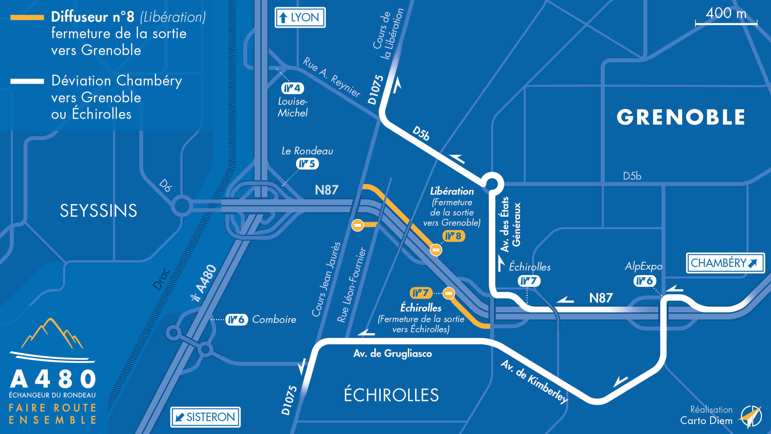 Carte déviation suite à la fermeture de la bretelle de sortie Nord-Est du diffuseur de la Libération