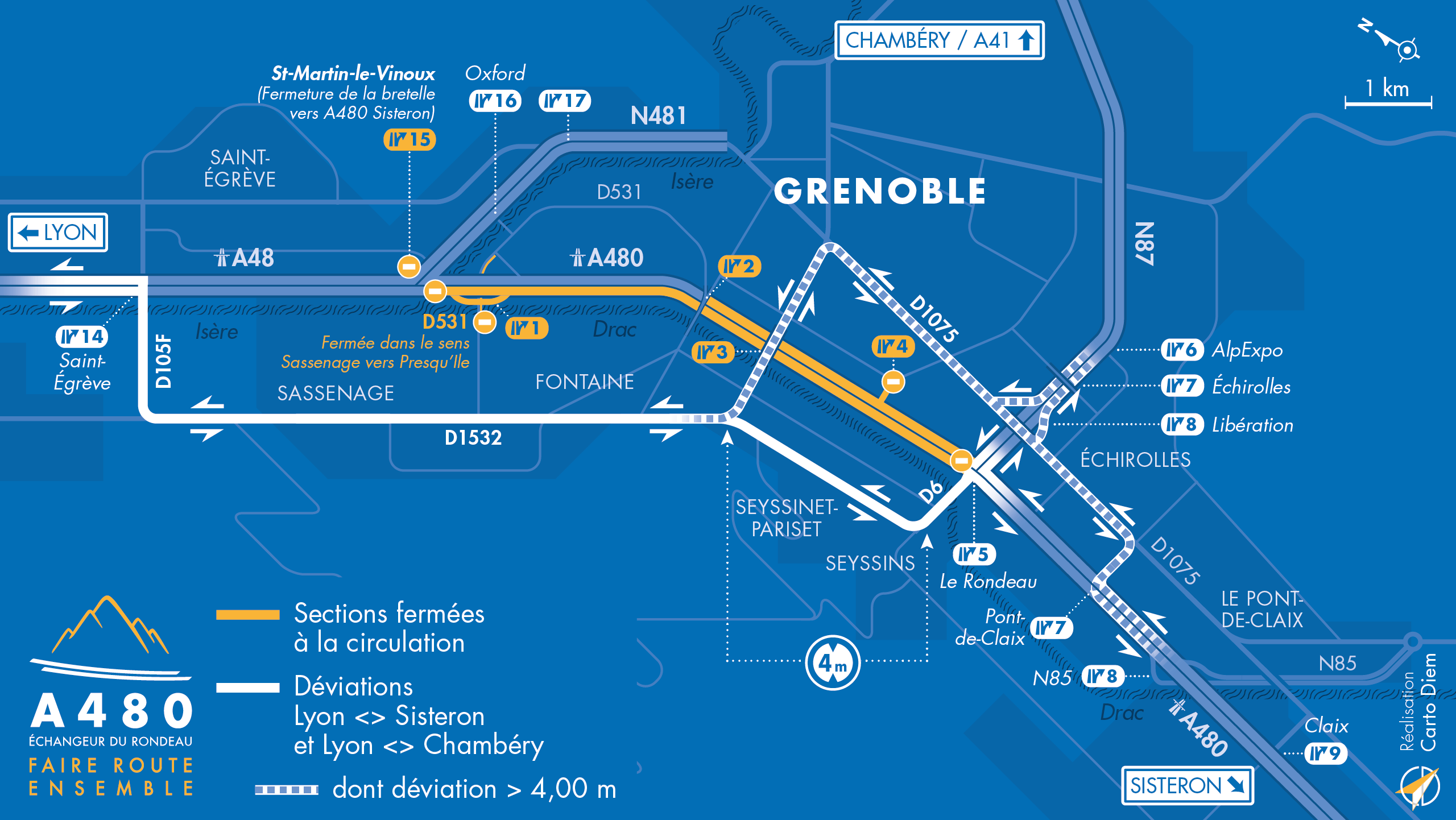 Carte de déviation suite à l'aménagement de l'autoroute urbaine A480 sur Grenoble