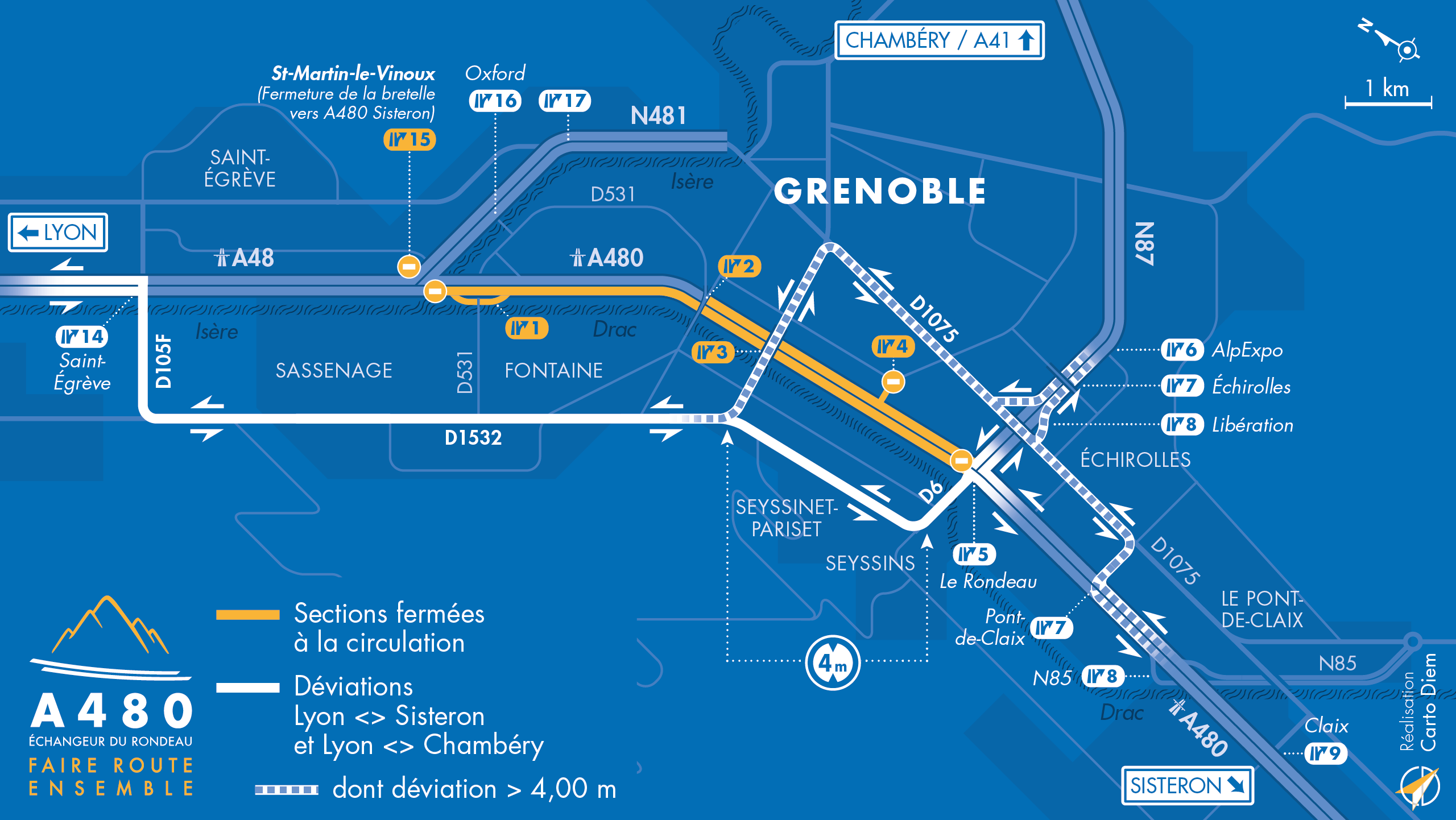 Carte de déviation suite à l'aménagement de l'autoroute urbaine A480 sur Grenoble