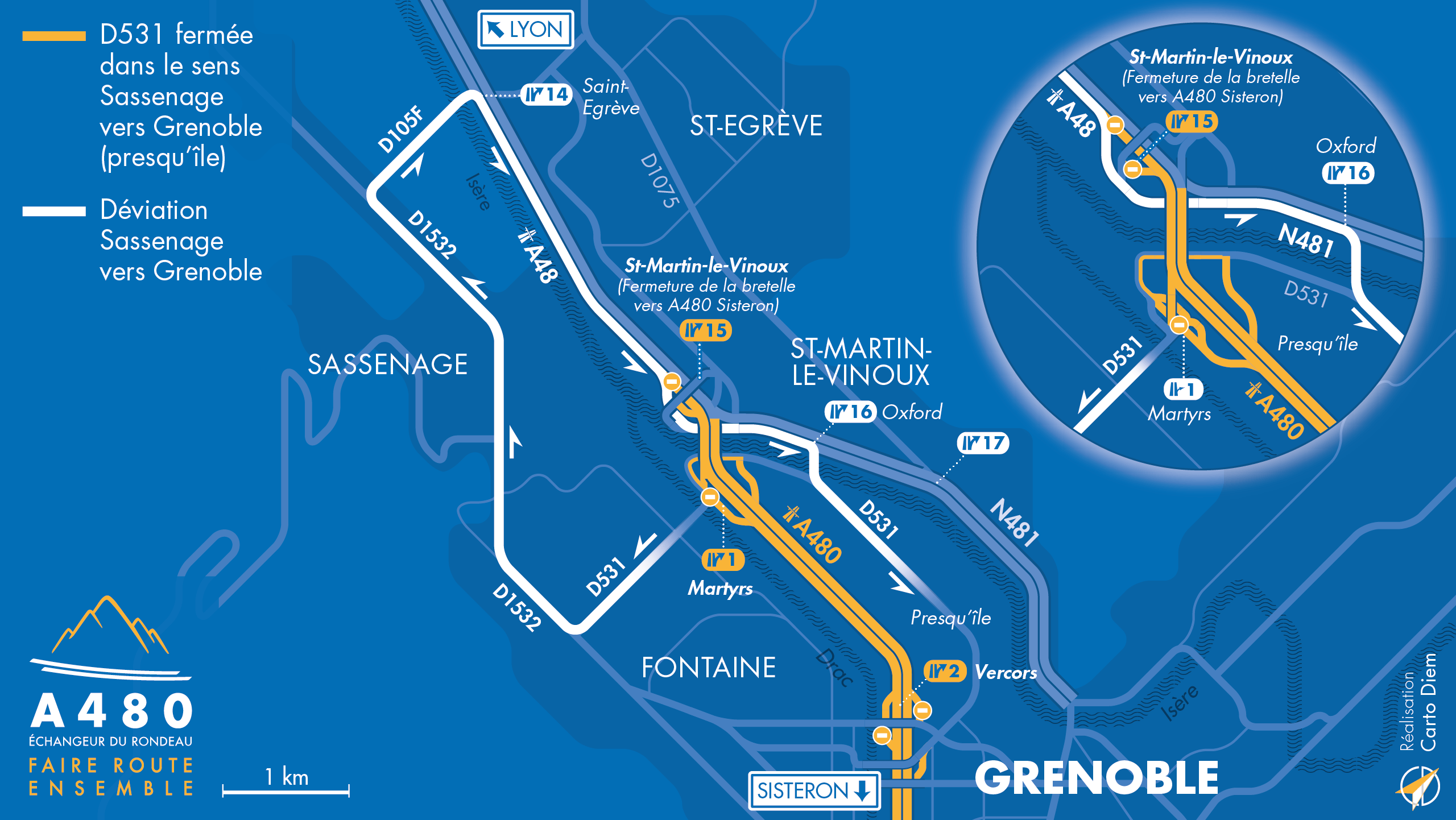 Carte de déviation suite aux travaux effectués sur la D531 par les équipes d'AREA
