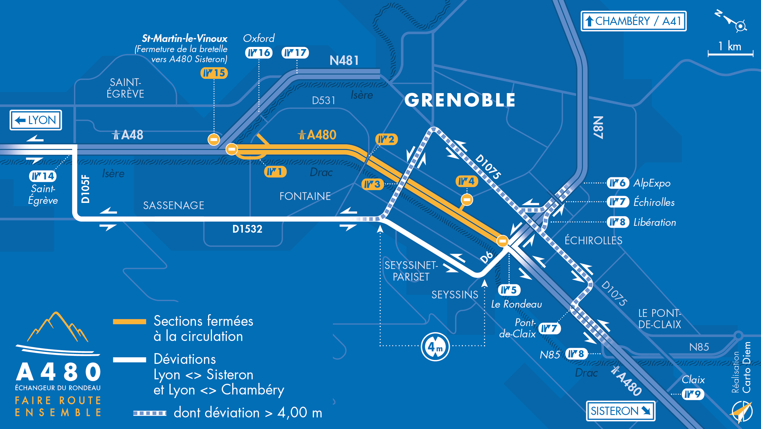 Carte de déviation suite à l'aménagement de l'autoroute urbaine A480 sur Grenoble