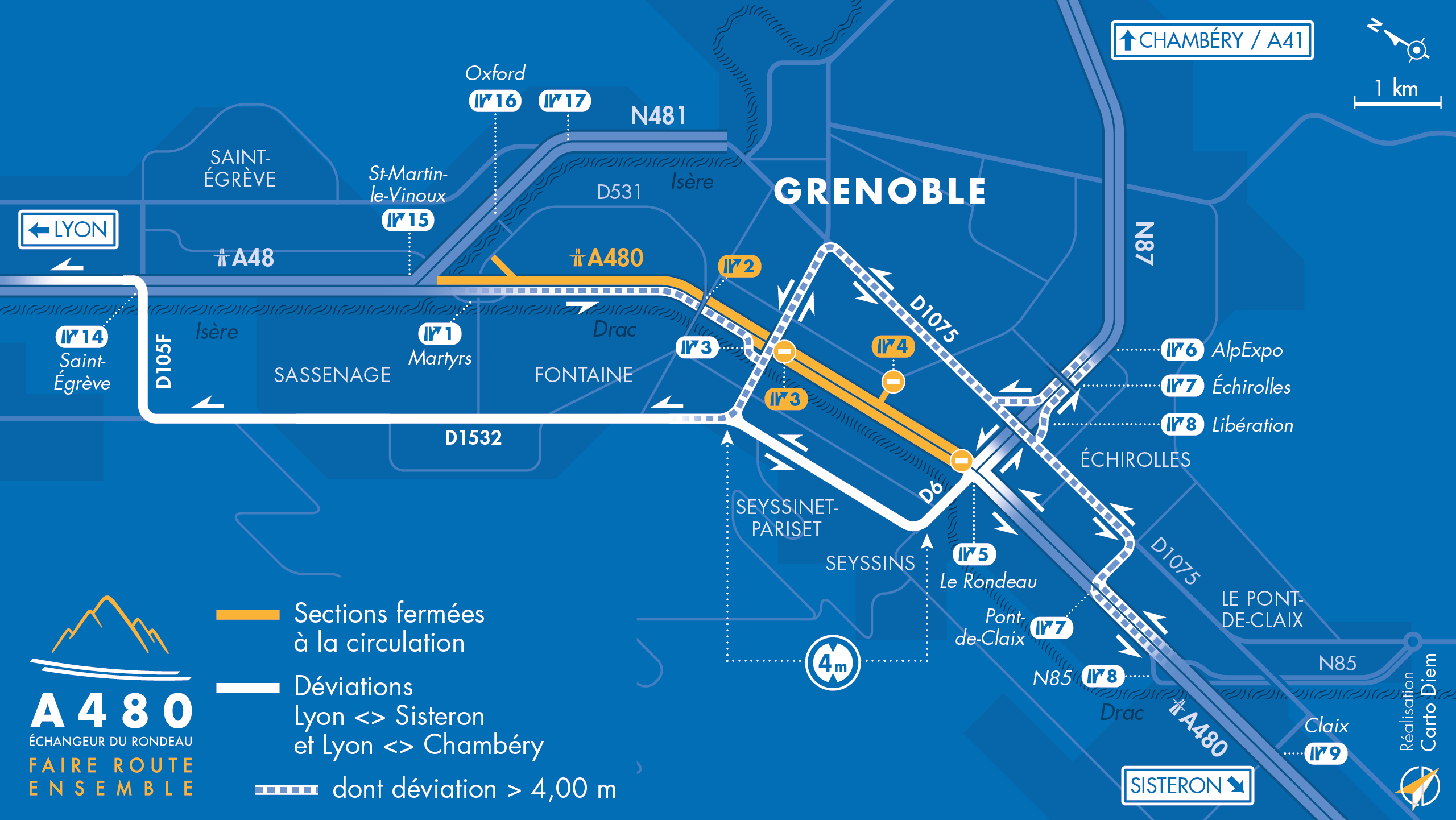 Carte de déviation suite à l'aménagement de l'autoroute urbaine A480 sur Grenoble