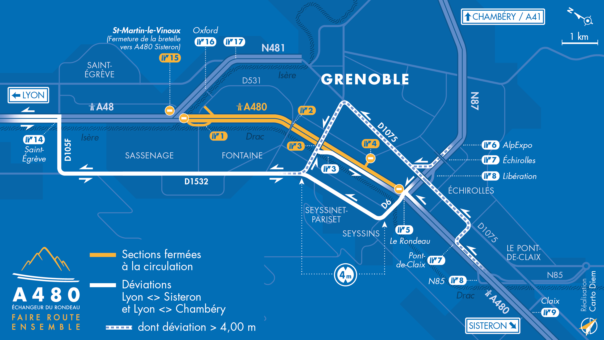 Carte de déviation suite à l'aménagement de l'autoroute urbaine A480 sur Grenoble