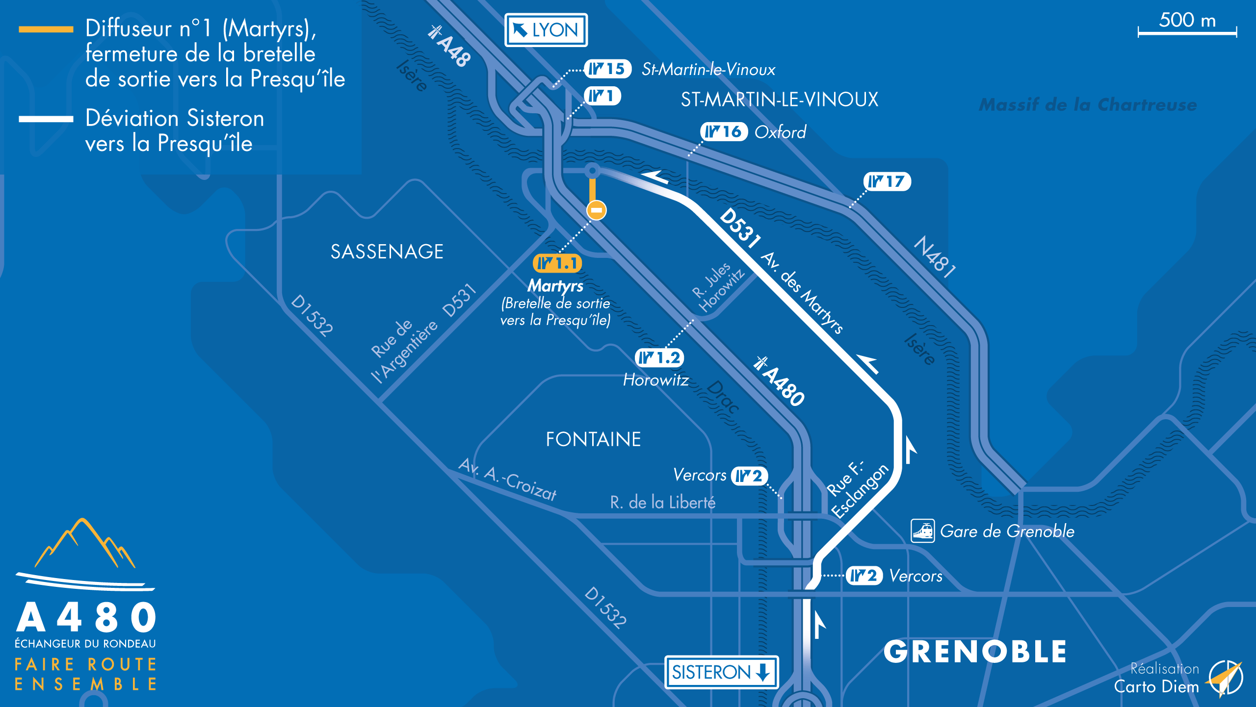 Carte de déviation suite à l'aménagement de l'autoroute urbaine A480 sur Grenoble