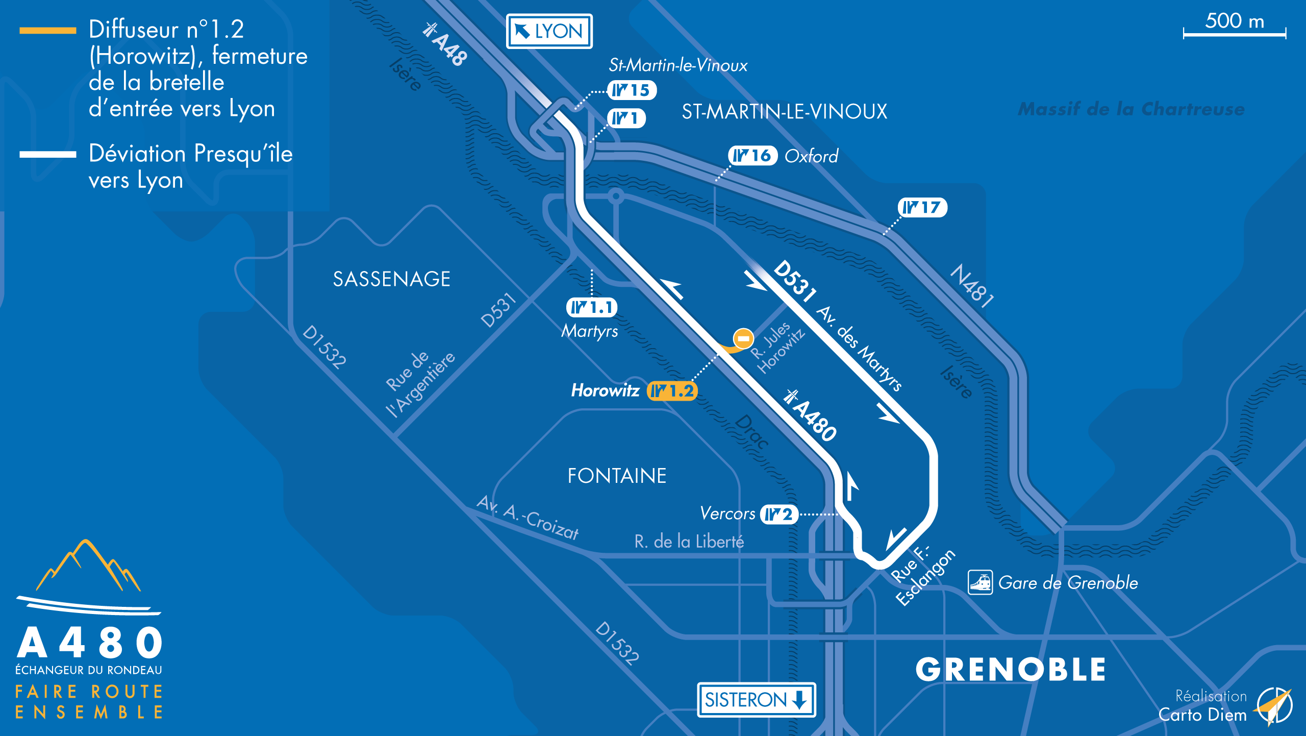 Carte de déviation suite à l'aménagement de l'autoroute urbaine A480 sur Grenoble