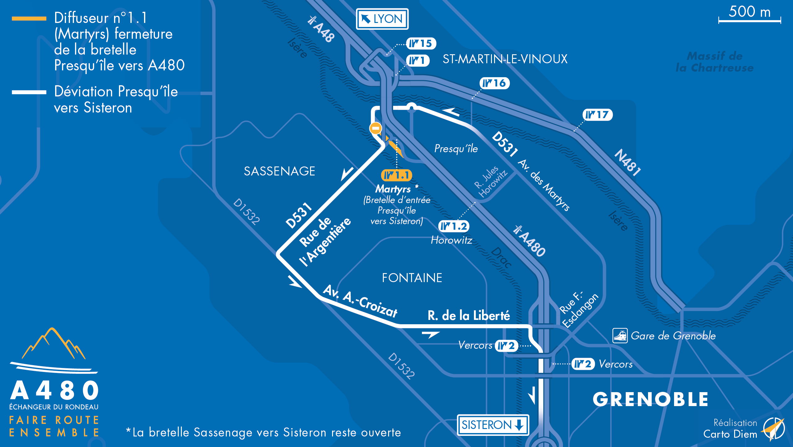 Carte de déviation suite à l'aménagement de l'autoroute urbaine A480 sur Grenoble
