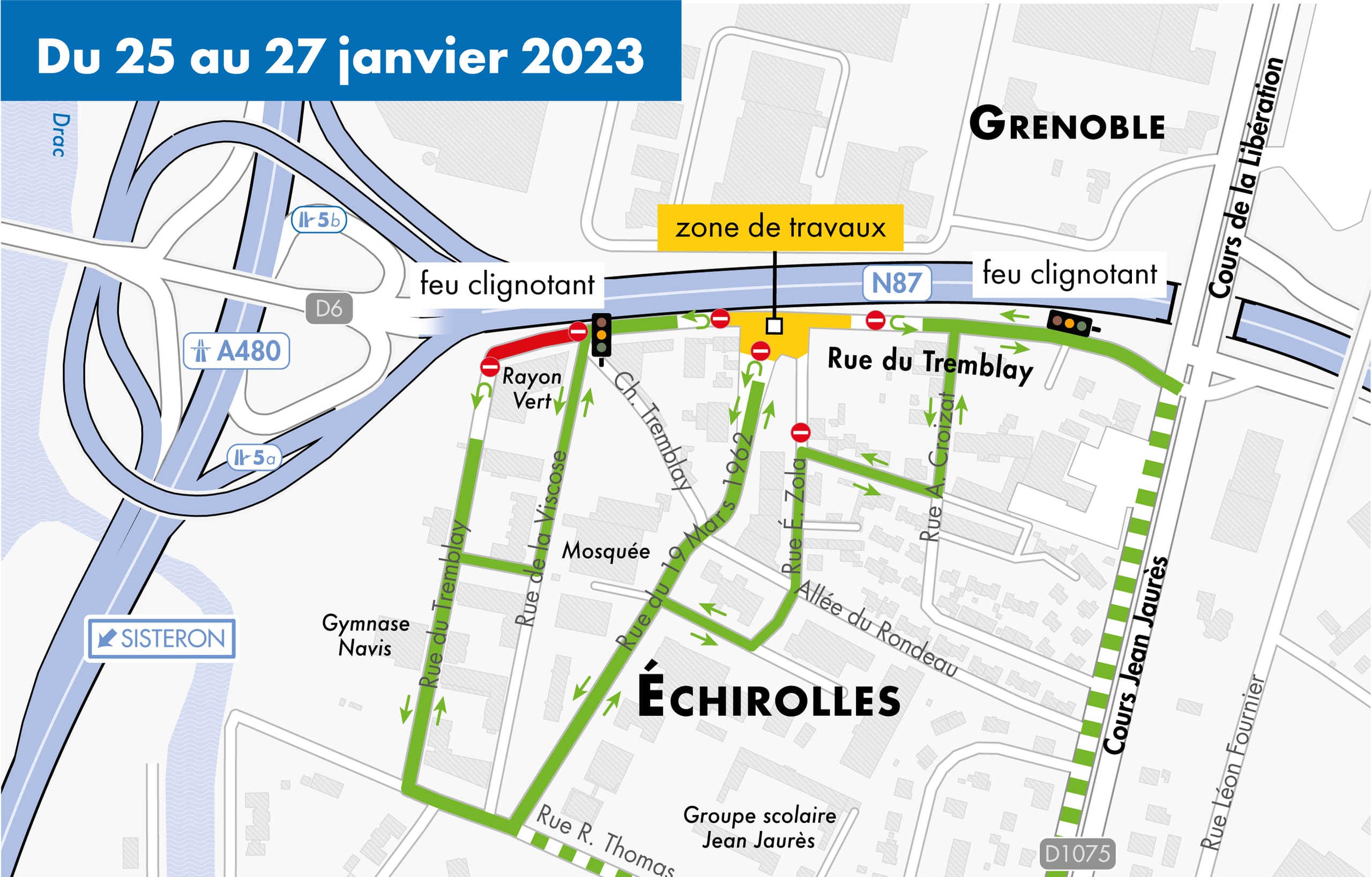 carte de déviation rue Tremblay à Echirolles en janvier 2023