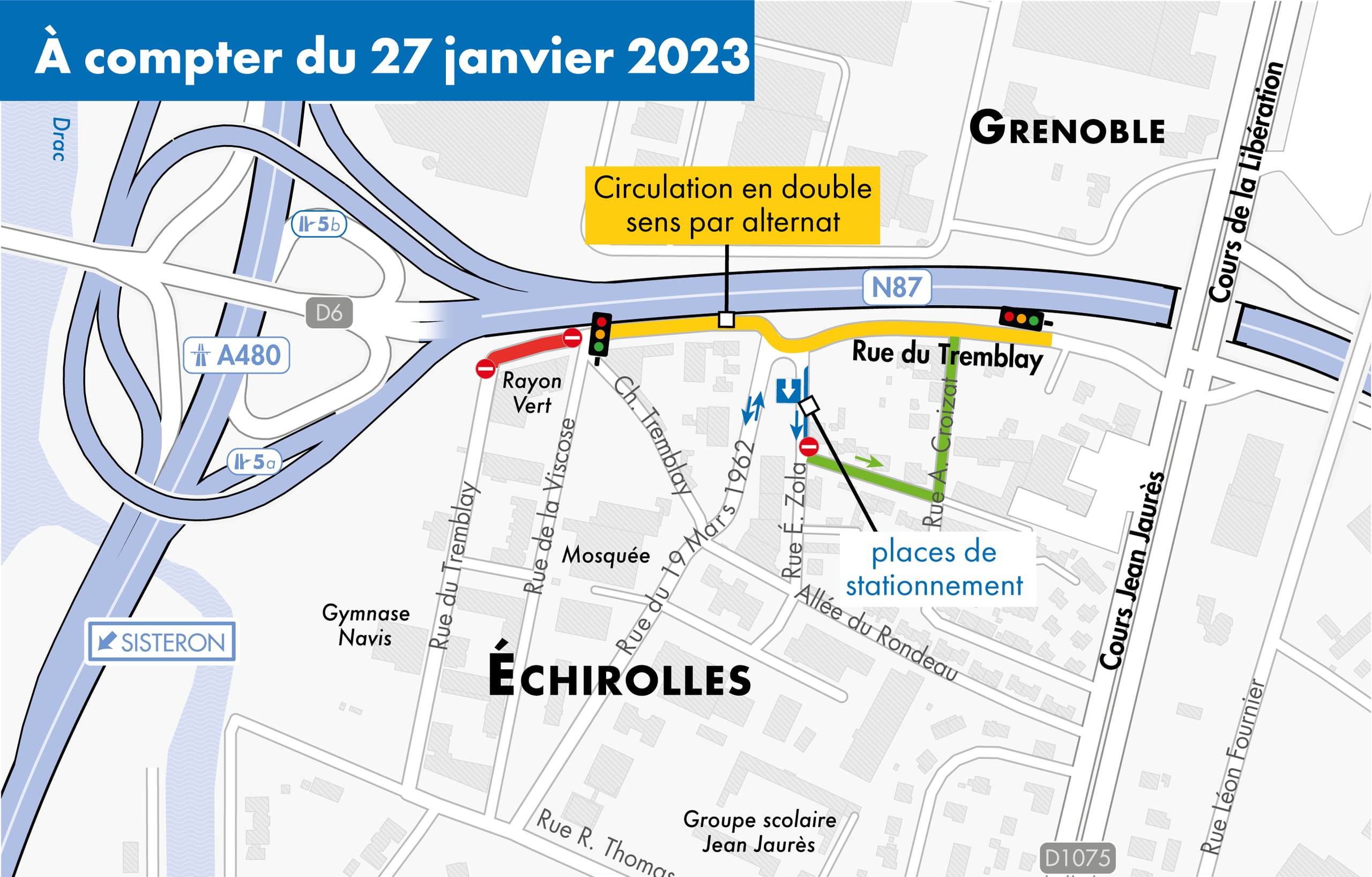 seconde carte de déviation rue Tremblay à Echirolles en janvier 2023
