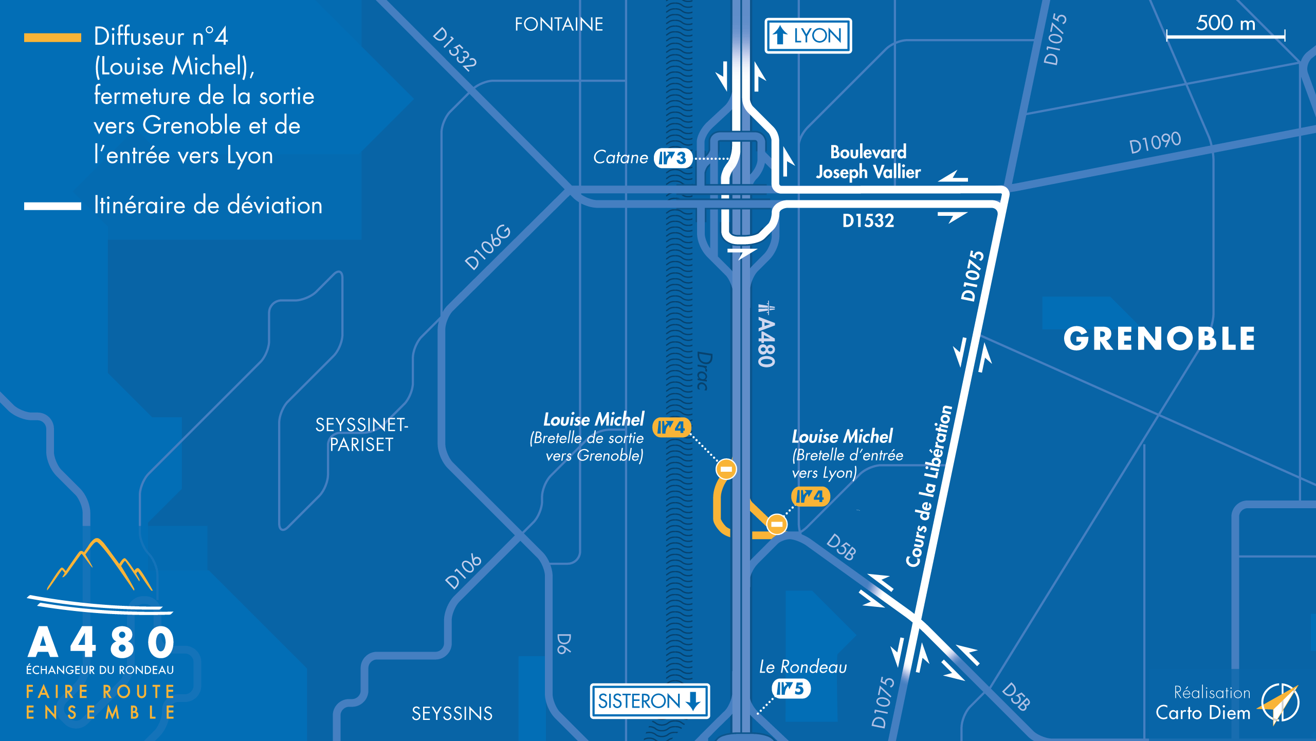 Carte de déviation suite à l'aménagement de l'autoroute urbaine A480 sur Grenoble