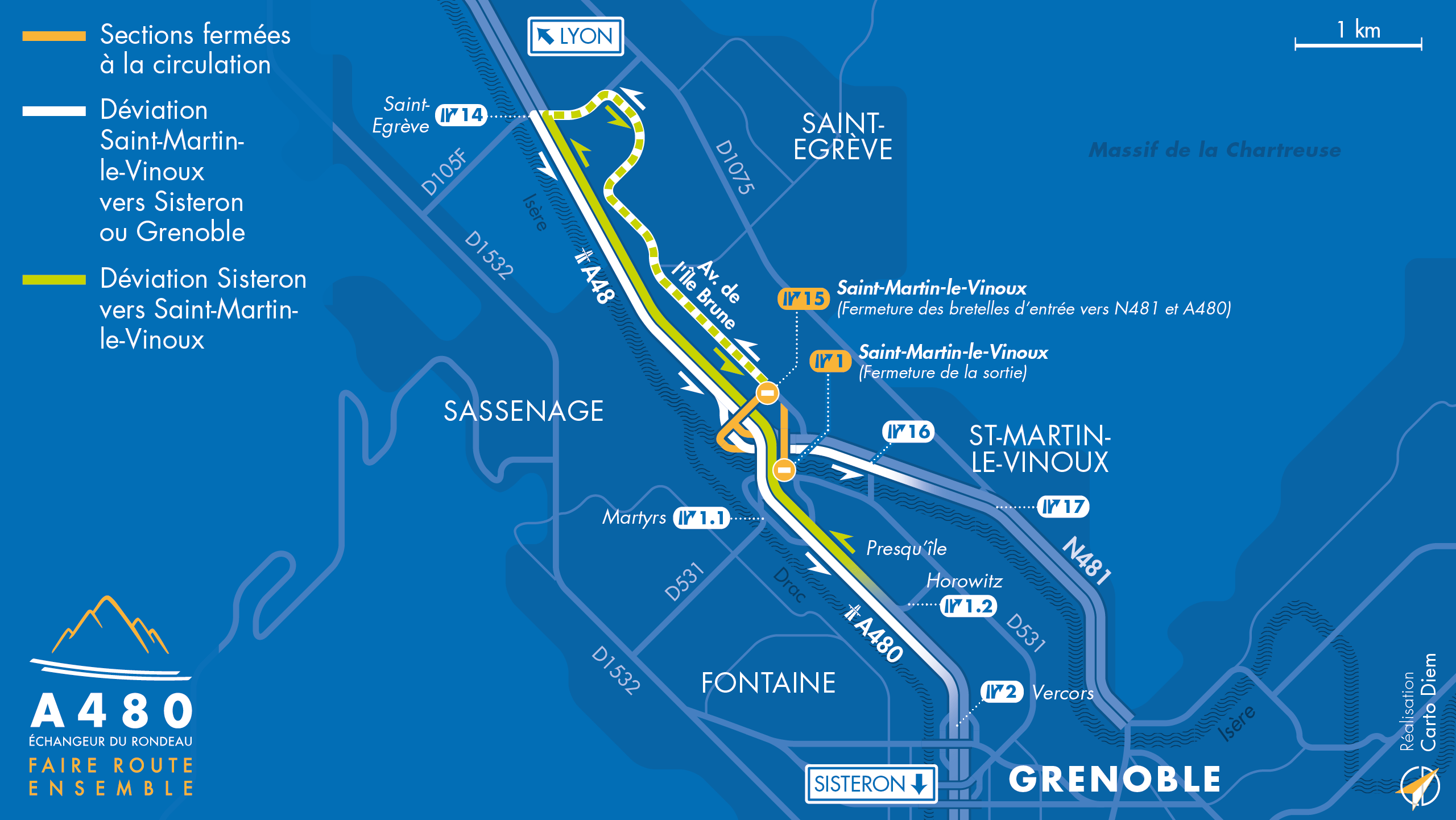 Carte de déviation suite à l'aménagement de l'autoroute urbaine A480 sur Grenoble