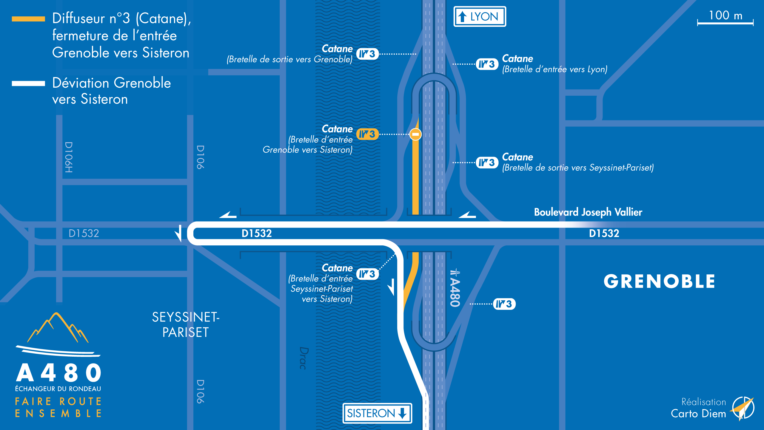 Carte de déviation suite à l'aménagement de l'autoroute urbaine A480 sur Grenoble