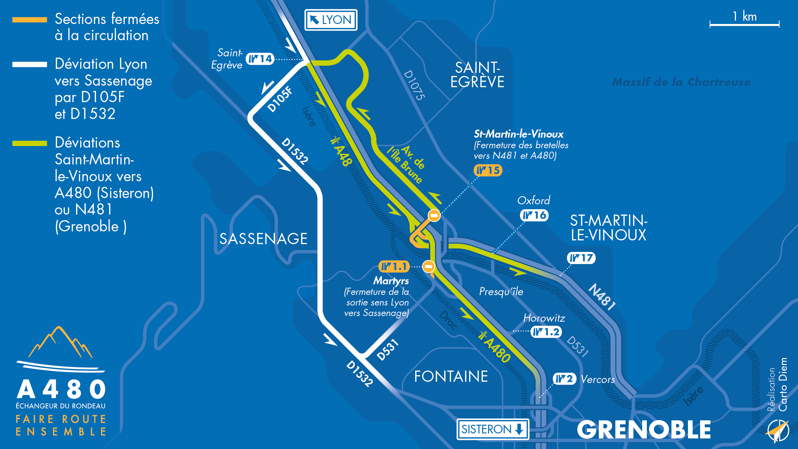 Carte de déviation suite à l'aménagement de l'autoroute urbaine A480 sur Grenoble