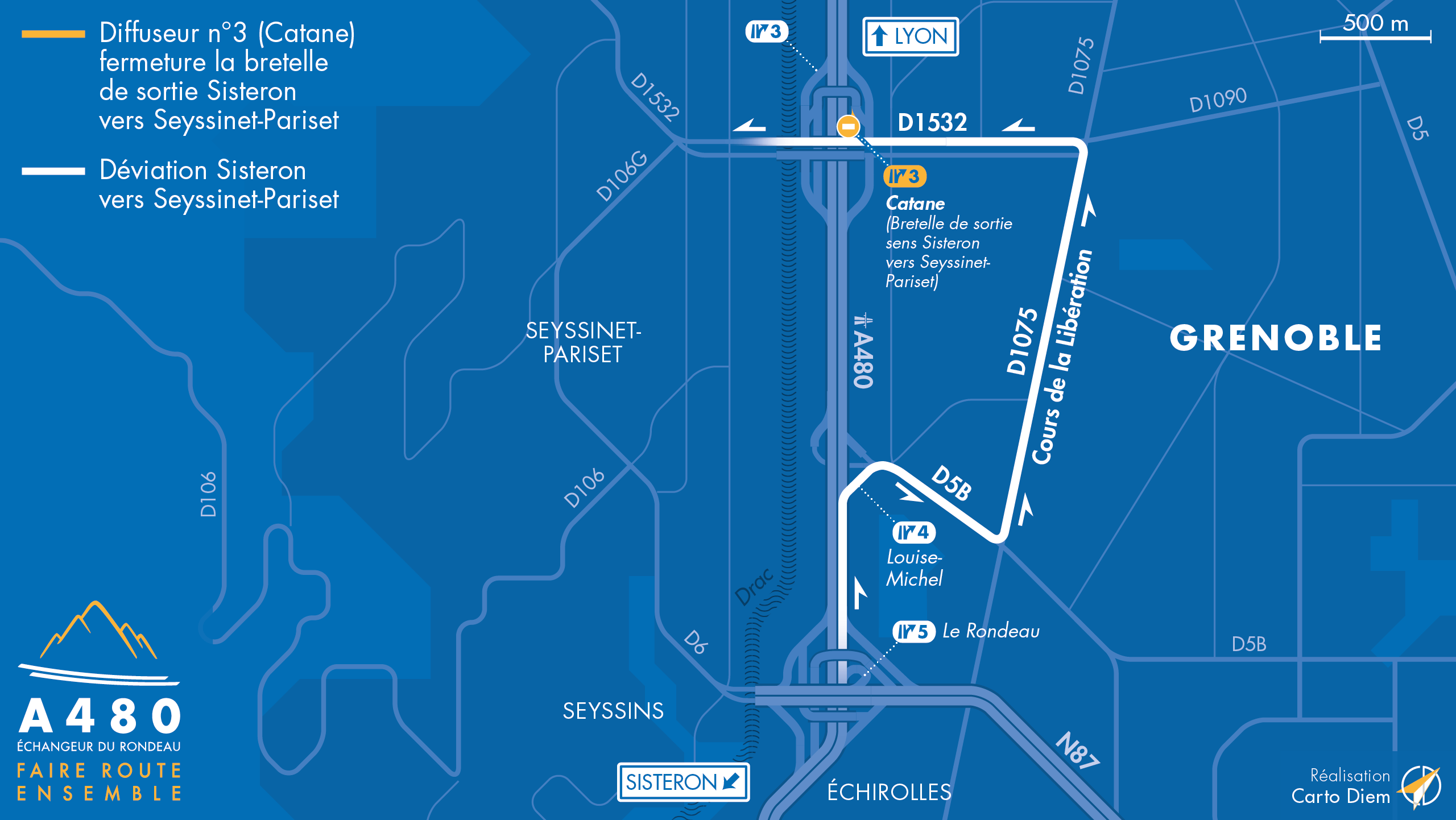 Carte de déviation suite à l'aménagement de l'autoroute urbaine A480 sur Grenoble
