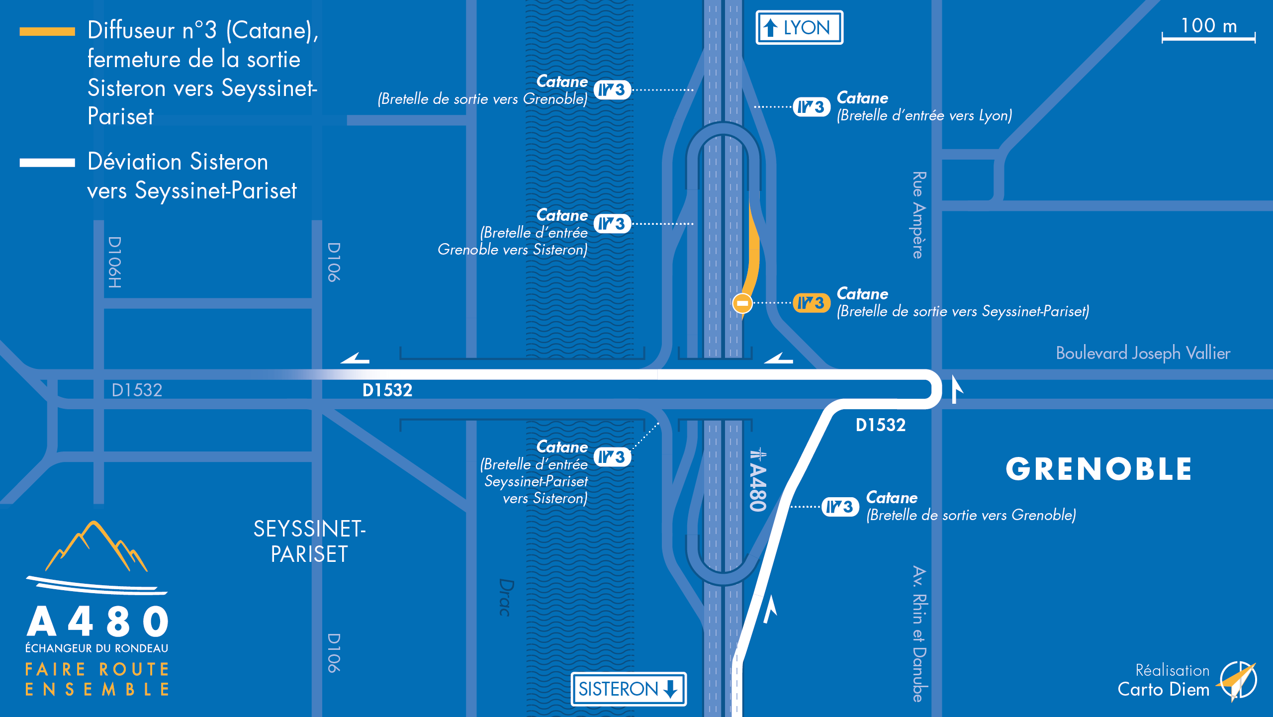Carte de déviation suite à l'aménagement de l'autoroute urbaine A480 sur Grenoble