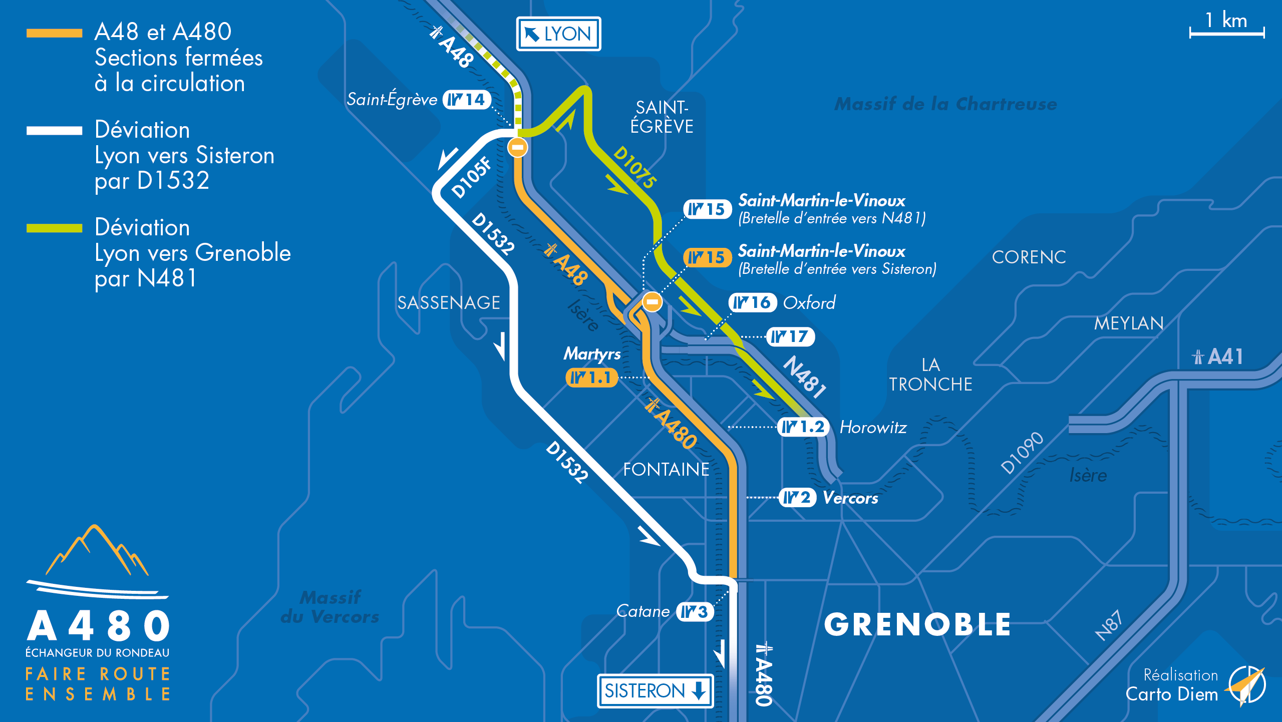 Carte de déviation suite à l'aménagement de l'autoroute urbaine A480 sur Grenoble