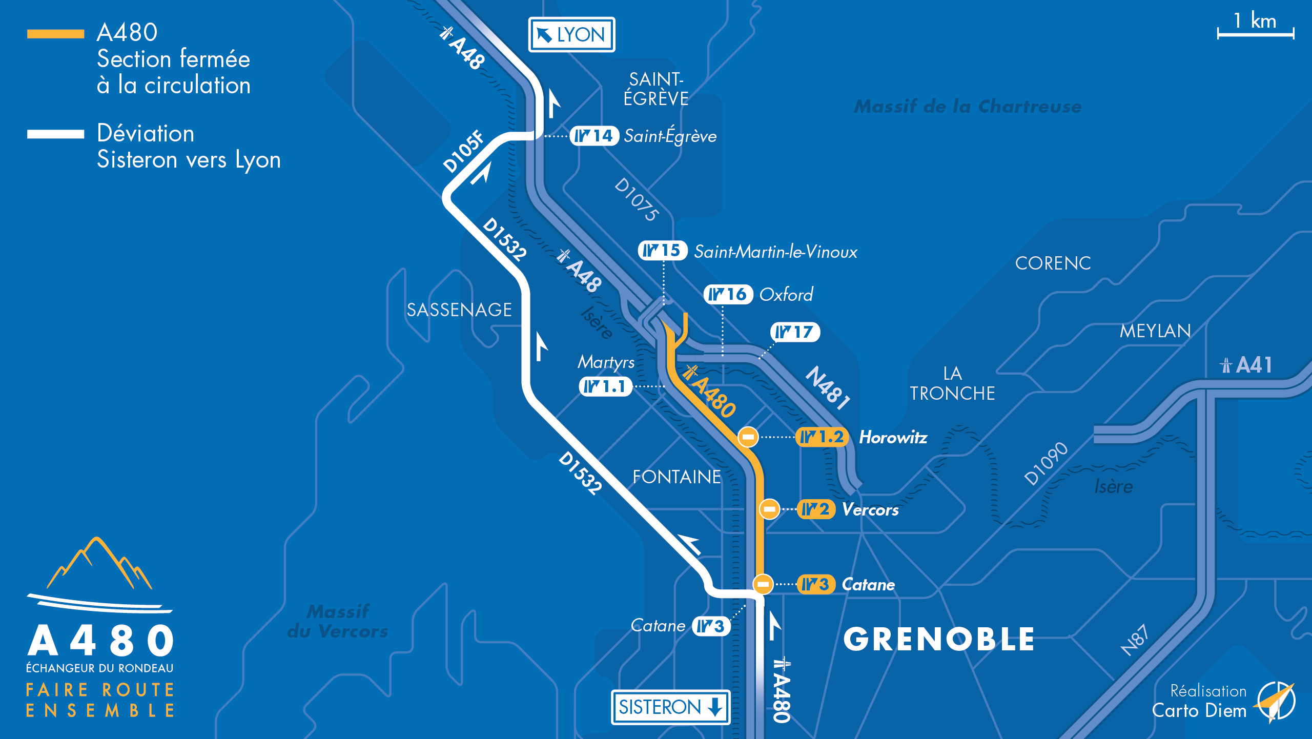 Carte de déviation suite à l'aménagement de l'autoroute urbaine A480 sur Grenoble