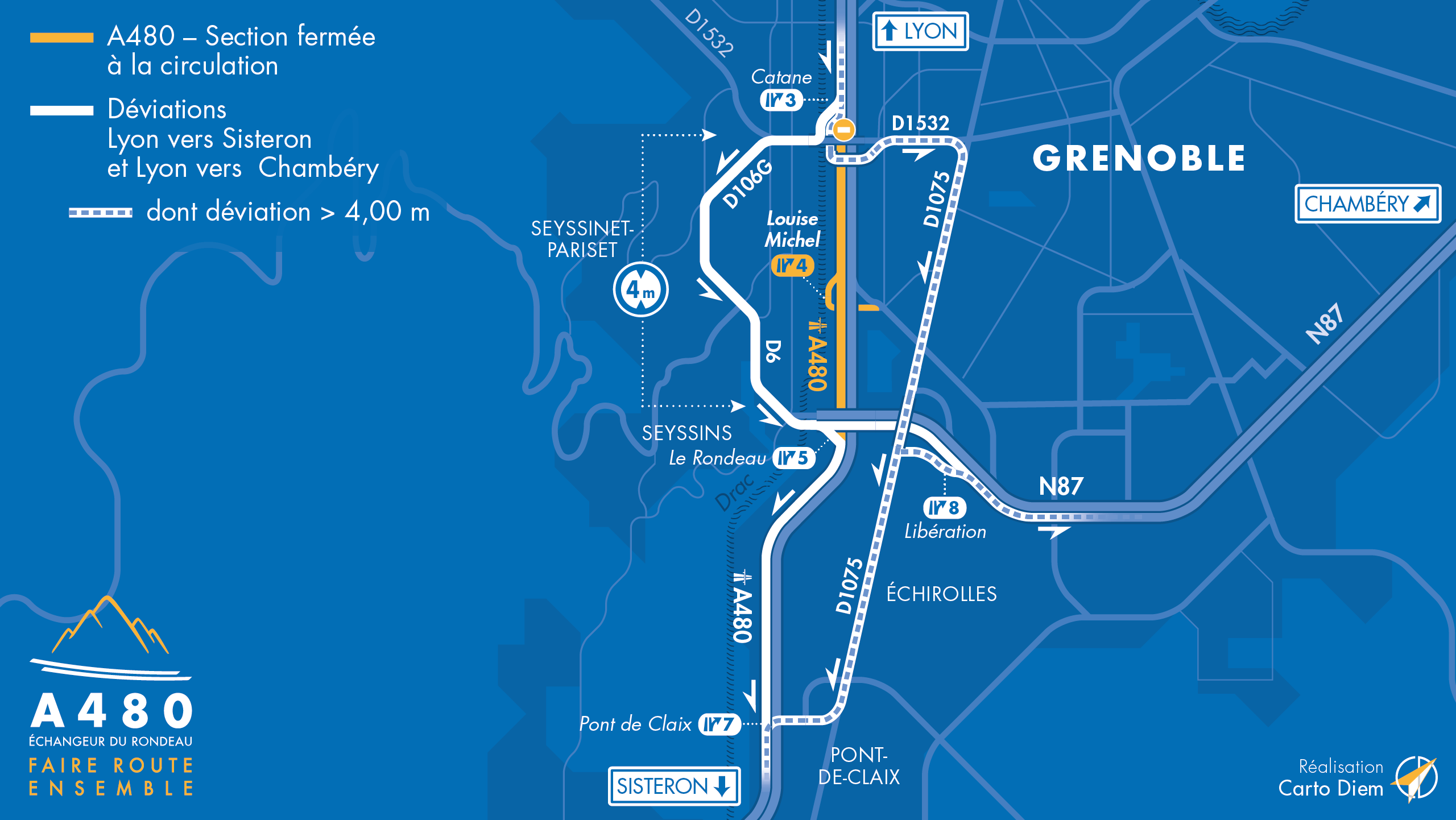 Carte de déviation suite à la fermeture d'une partie de l'autoroute A480 en direction de Sisteron entre Catane et le Rondeau