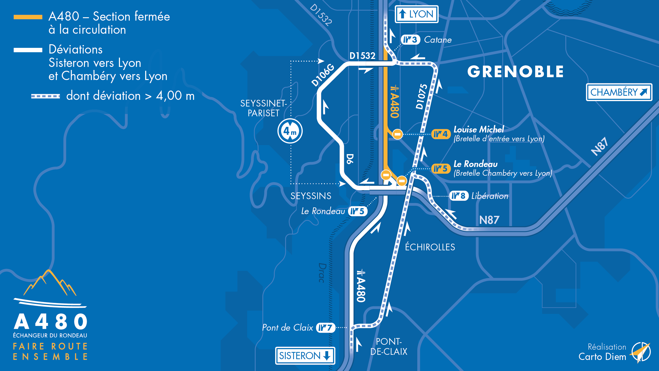 Carte de déviation suite à la fermeture de l'autoroute A480 en direction de Lyon entre le Rondeau et Catane