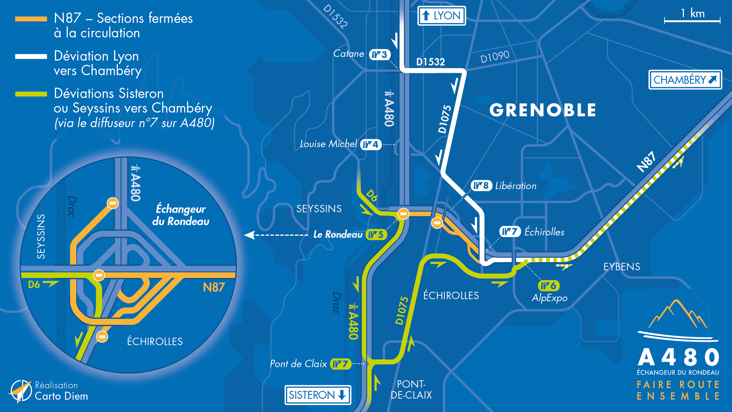 Carte de déviation suite aux travaux d'aménagement sur le secteur du Rondeau à Grenoble par les équipes de la DREAL
