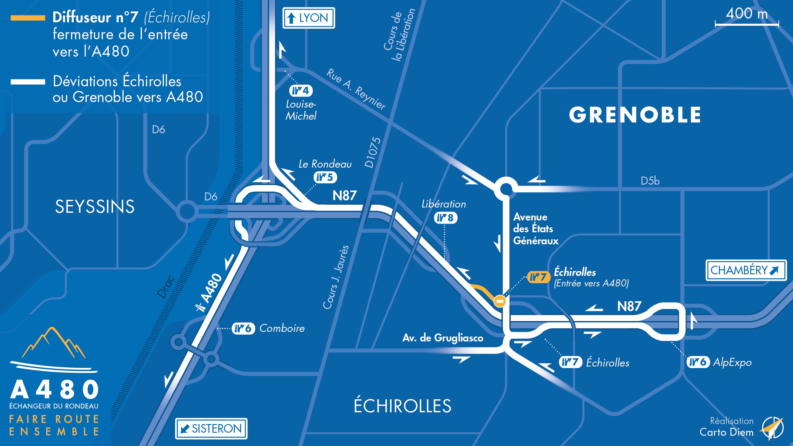 Carte de déviation suite à la fermeture de la bretelle d'entrée Echirolles (n°7) sur la N87