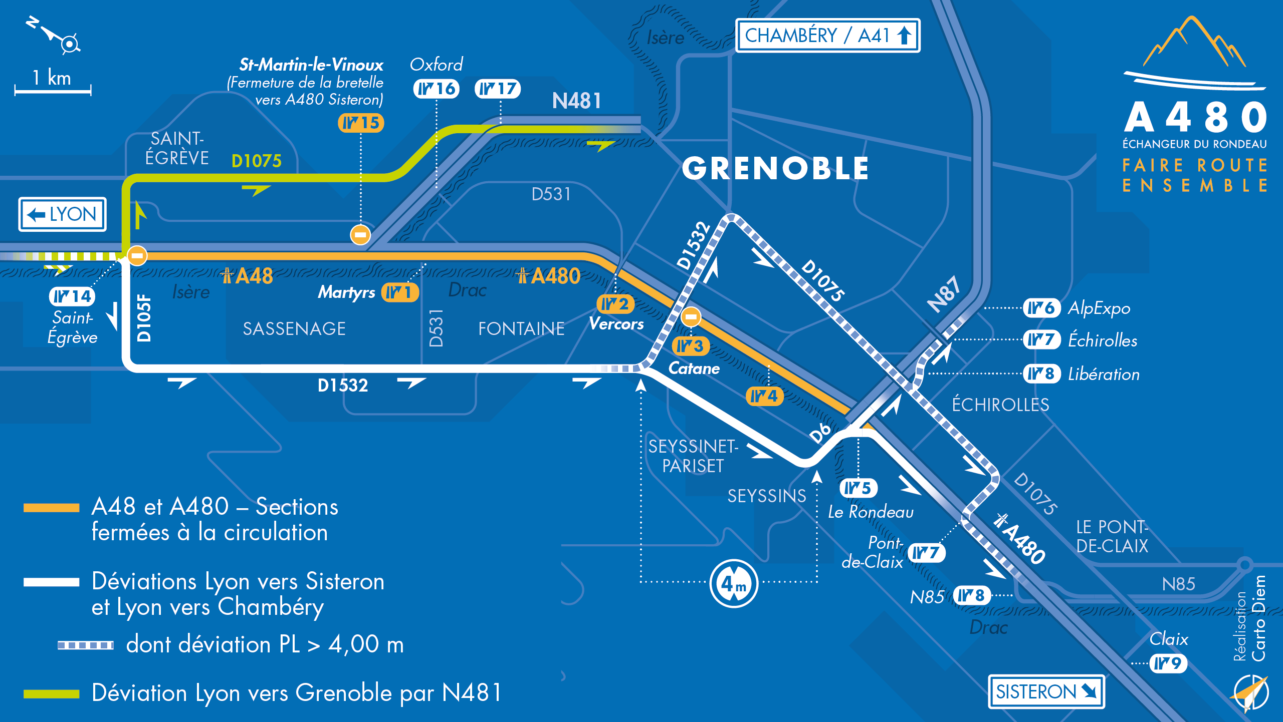 Carte de déviation suite à la fermeture de l'autoroute urbaine a480 entre l'echangeur du Rondeau et le diffusueur de Saint-Egrève en direction de Sisteron