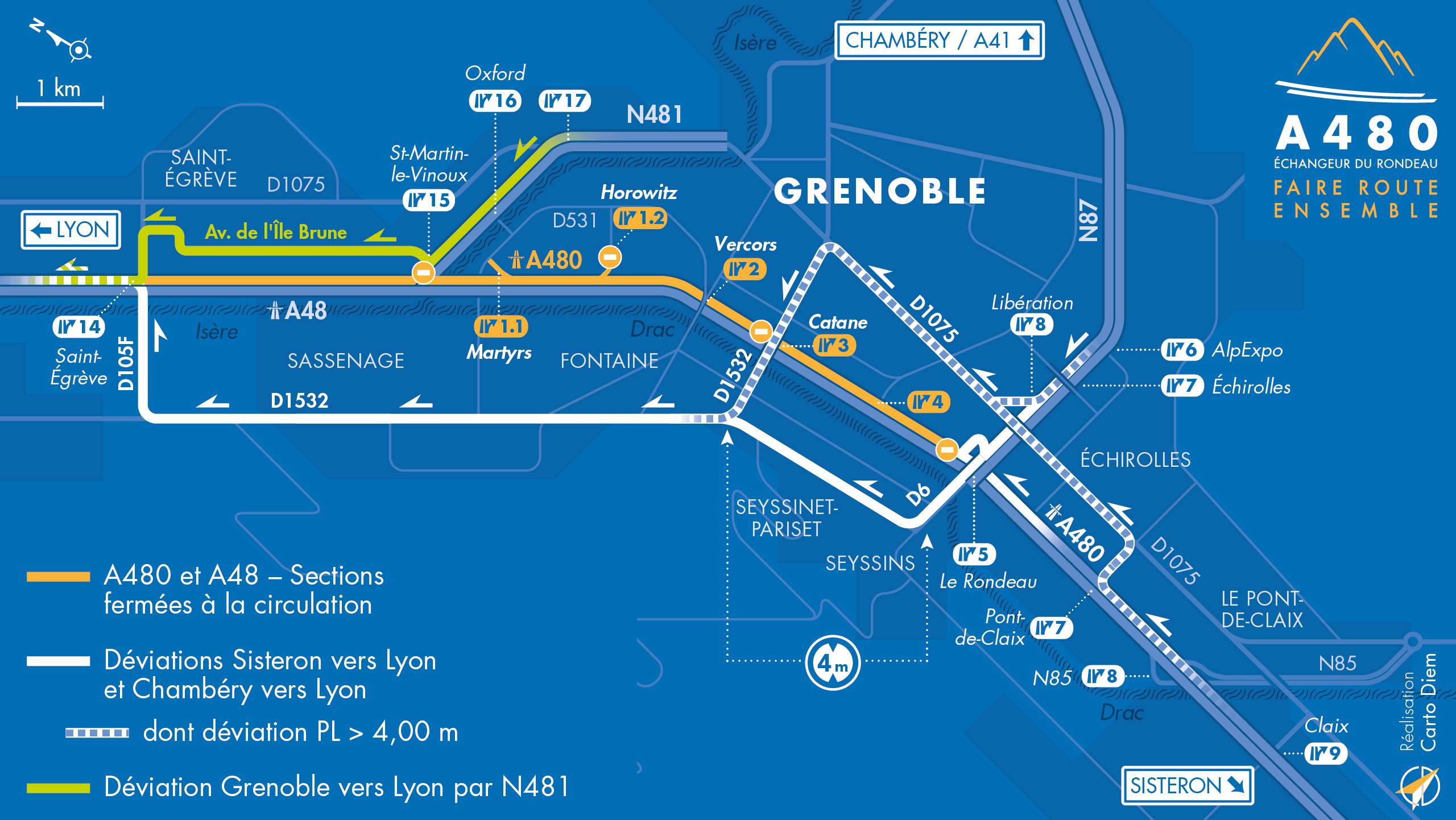 Carte de déviation suite à la fermeture de l'autoroute urbaine a480 entre le diffuseur de Seyssins et celui de Saint-Egrève et en direction de Lyon