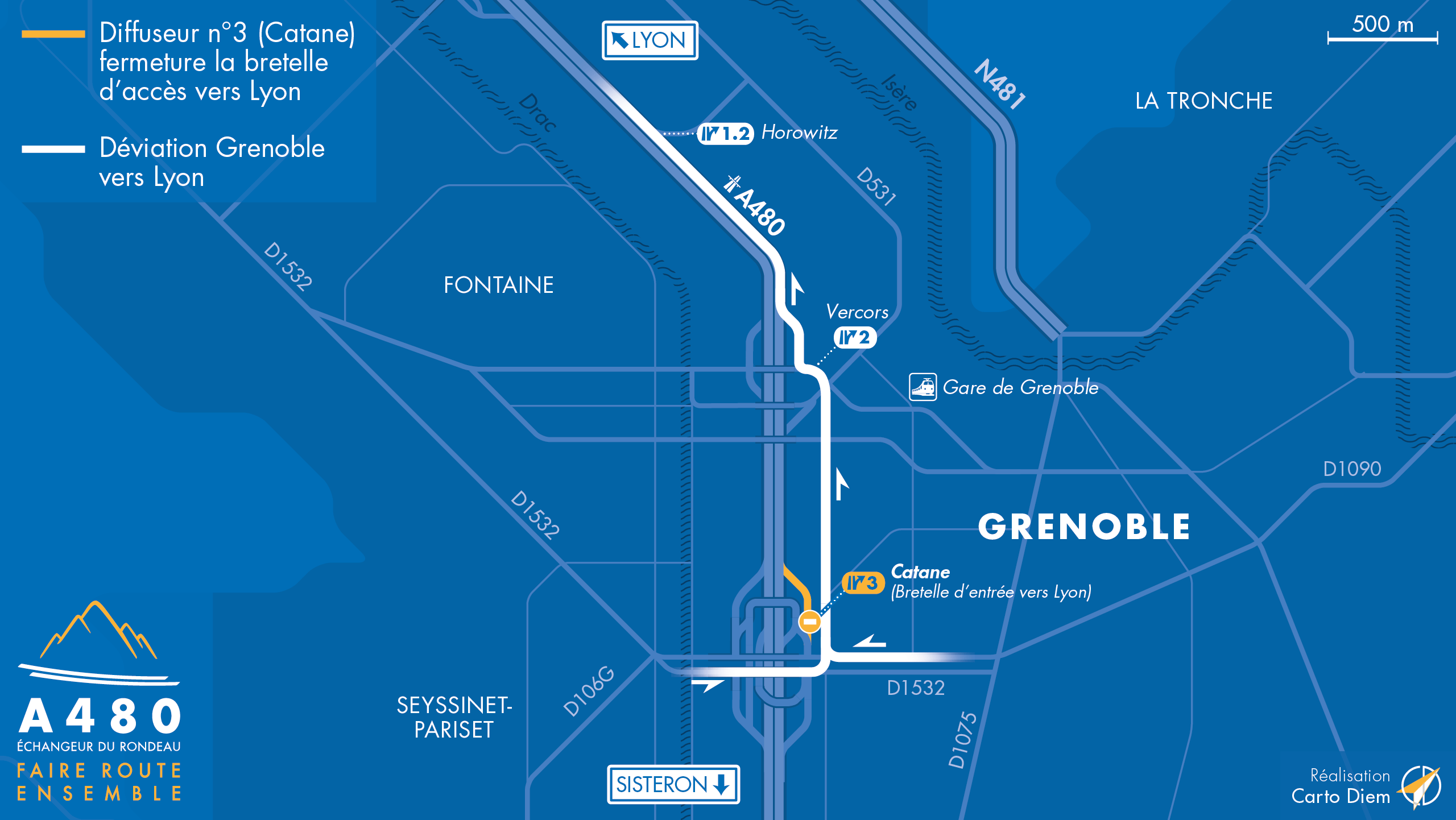 Carte de déviation suite à la fermeture sur l'autoroute intégrée A480 sur le secteur de Catane à Grenoble