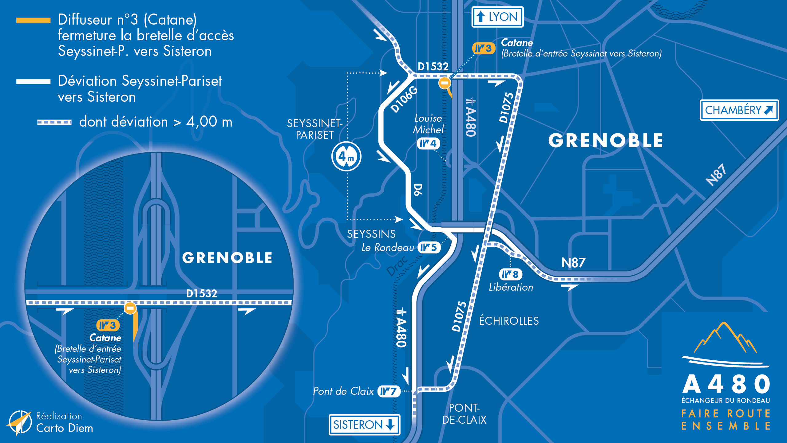 Carte de déviation suite à la fermeture sur l'autoroute intégrée A480 sur le secteur de Catane à Grenoble