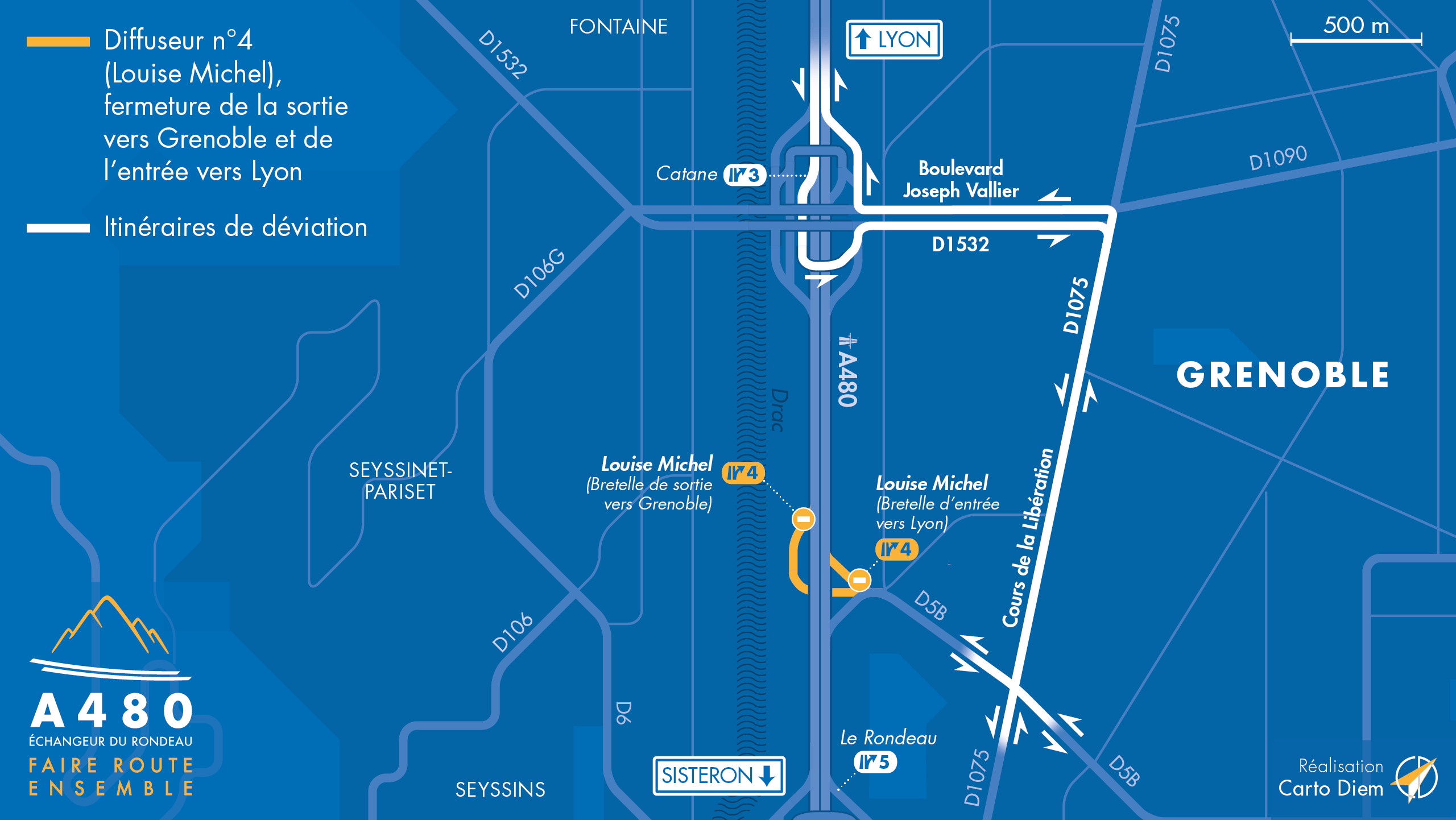 Carte de déviation suite à la fermeture sur l'autoroute intégrée A480 sur le secteur de Louise Michel à Grenoble