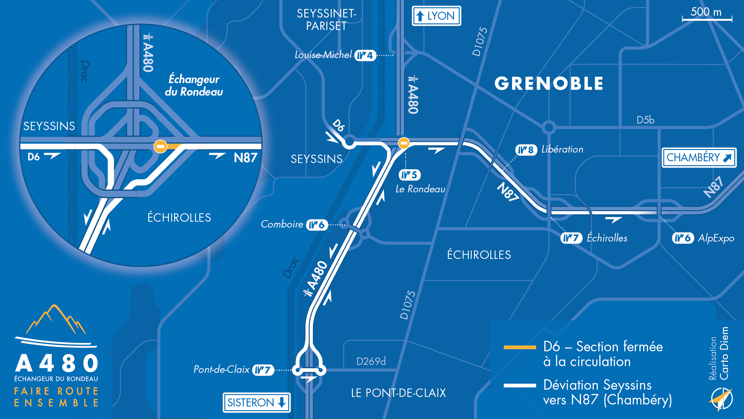 Carte de déviation suite à la fermeture de route départementale RD6 en direction de Chambéry.