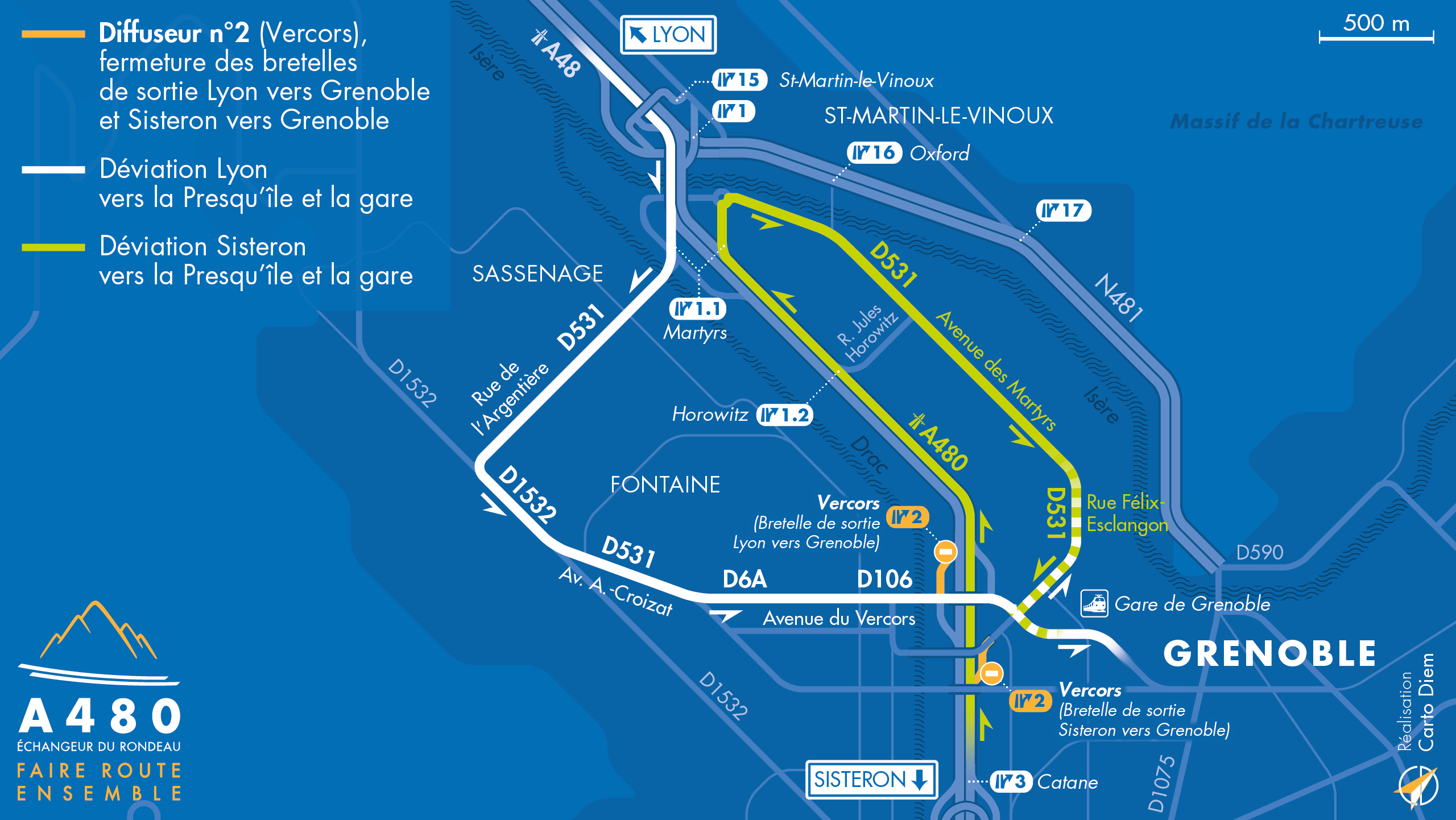 Carte de déviation suite à la fermeture de l'autoroute intégrée A480 sur le secteur du diffuseur de Vercors