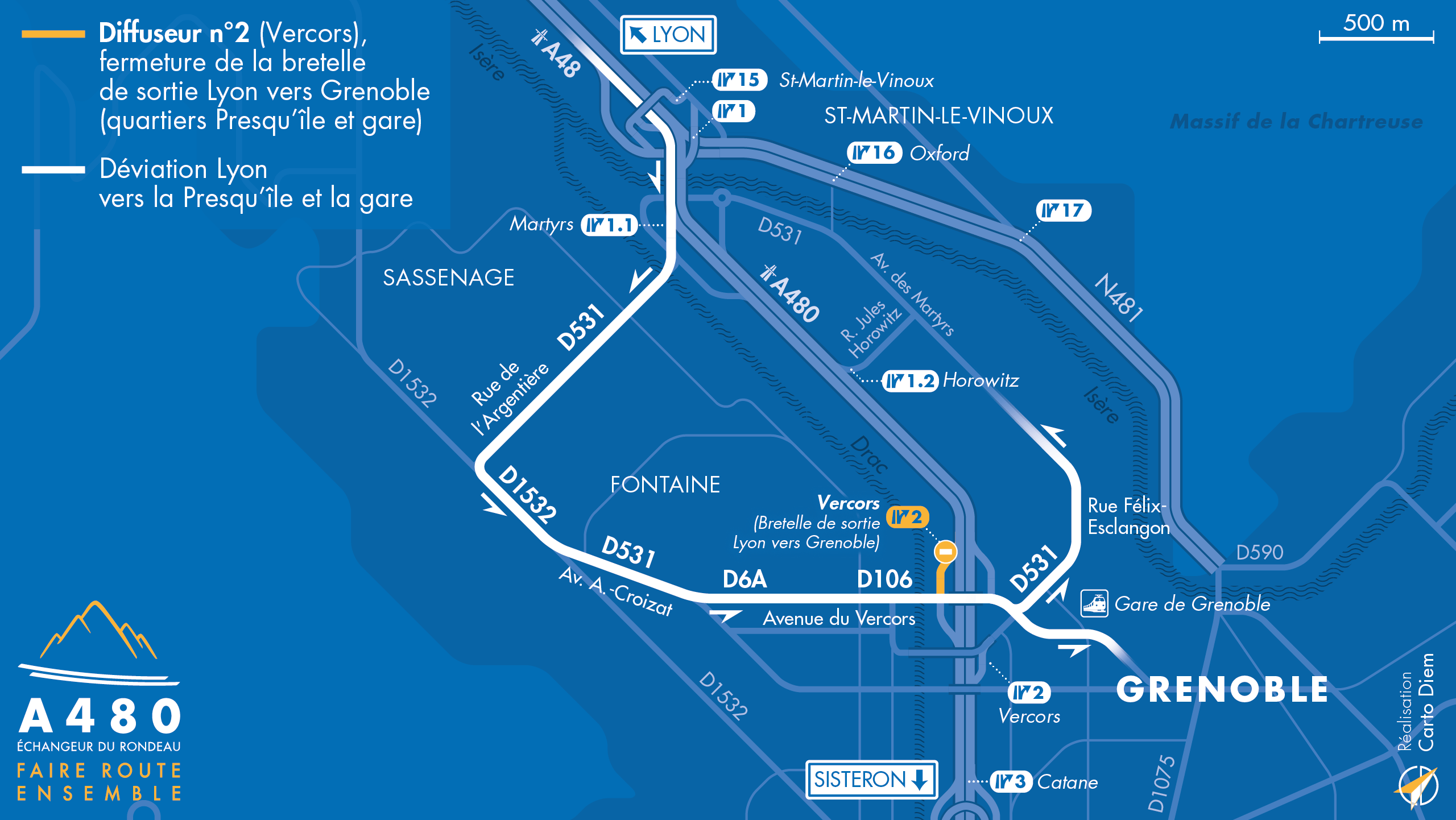Carte de déviation suite à la fermeture de l'autoroute intégrée A480 sur le secteur du diffuseur de Vercors