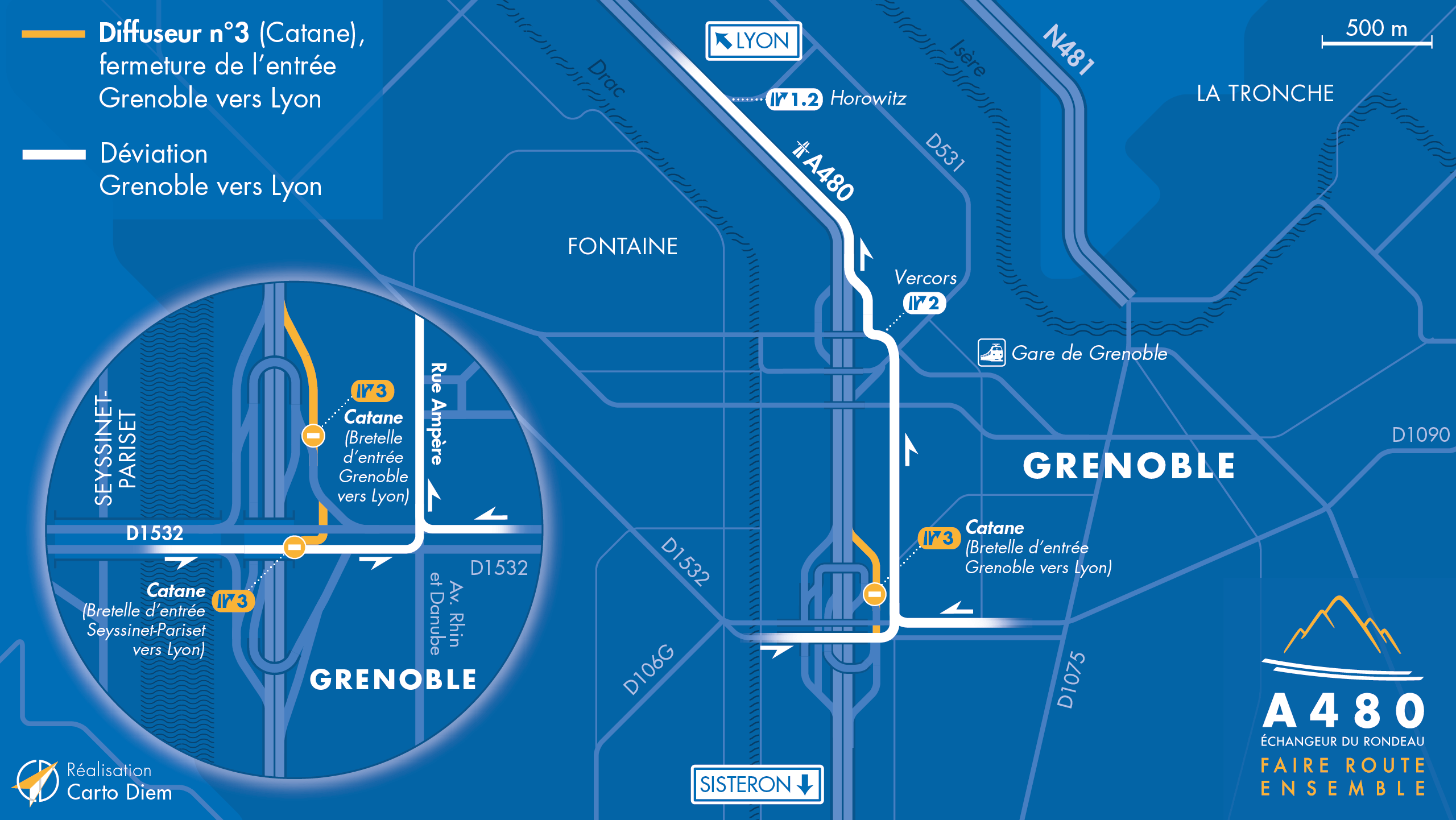 Carte de déviation suite à la fermeture de bretelles sur le diffuseur de Catane de l'autoroute intégrée A480
