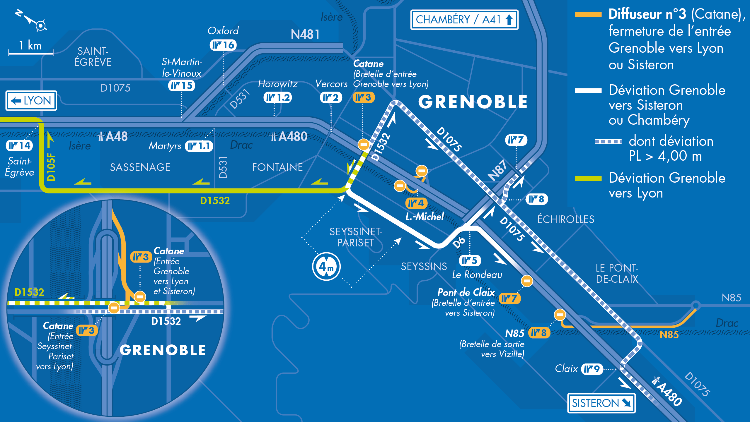 Carte de déviation suite à l'aménagement de l'autoroute intégrée A480 sur le secteur de Grenoble