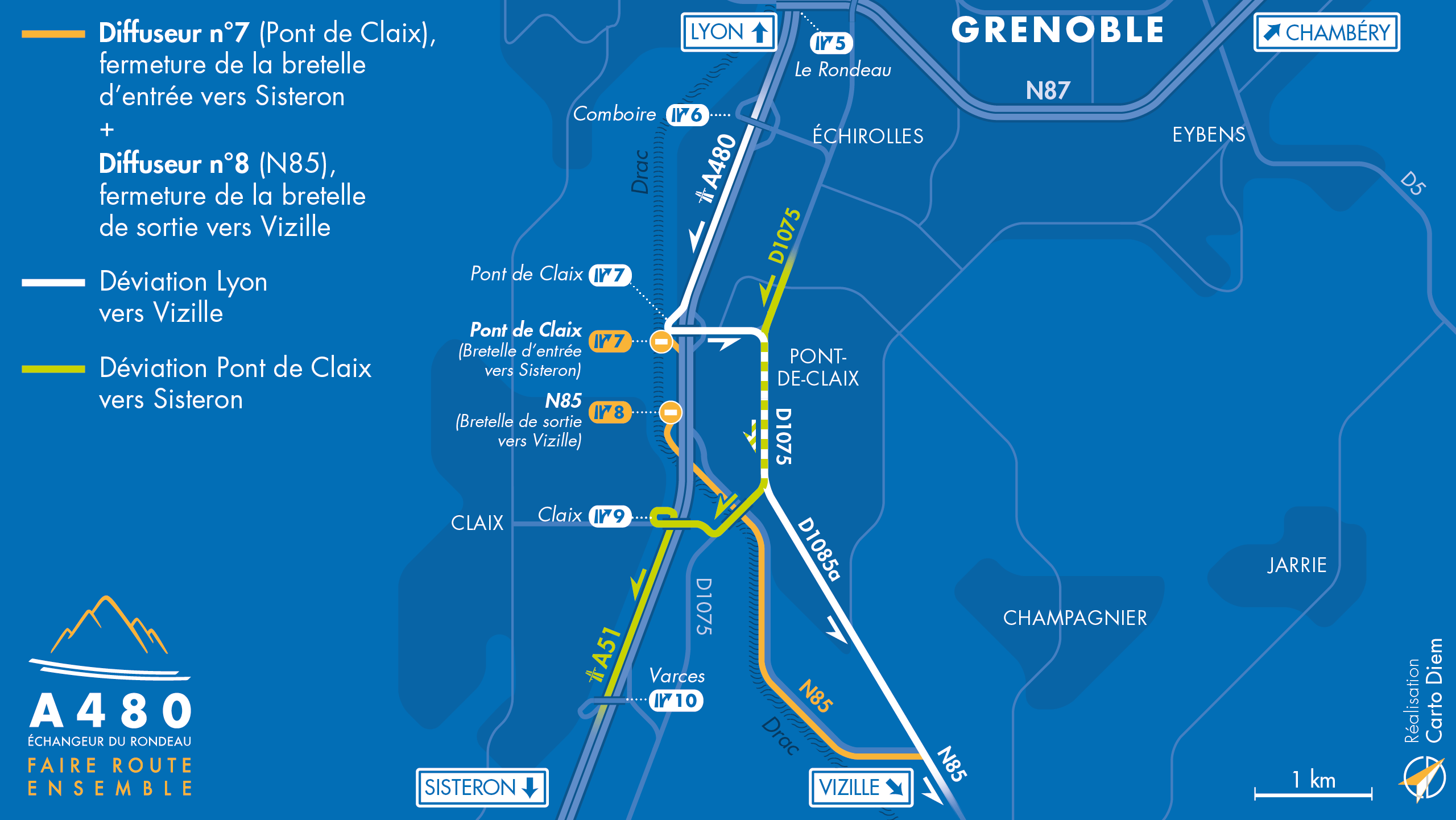 Carte de déviation sur les diffuseurs de Pont de Claix de l'autoroute intégrée A480