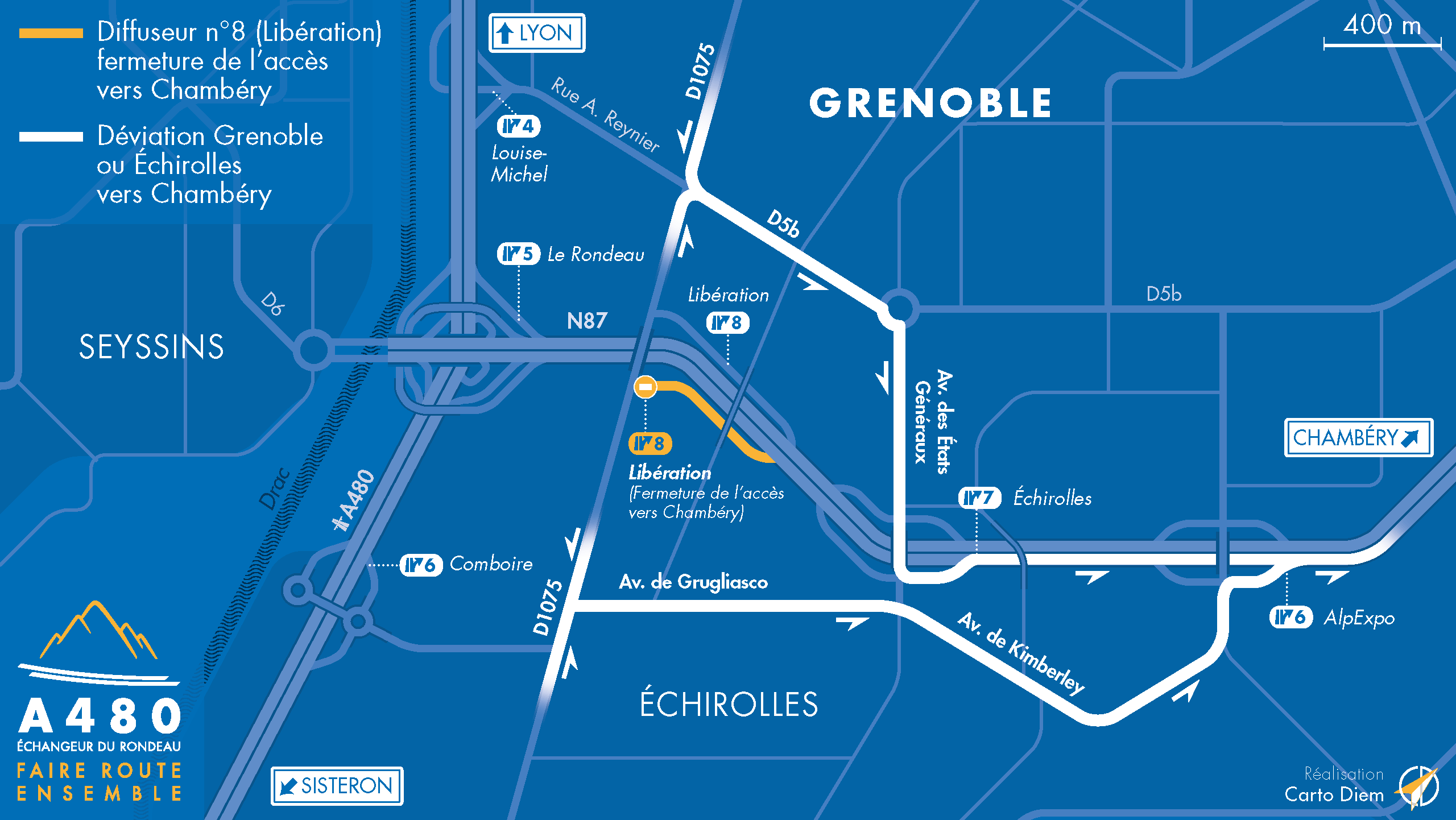 Carte de déviation suite à la fermeture de la bretelle d'entrée Sud de l'échangeur Libération (n°8) en direction de la N87