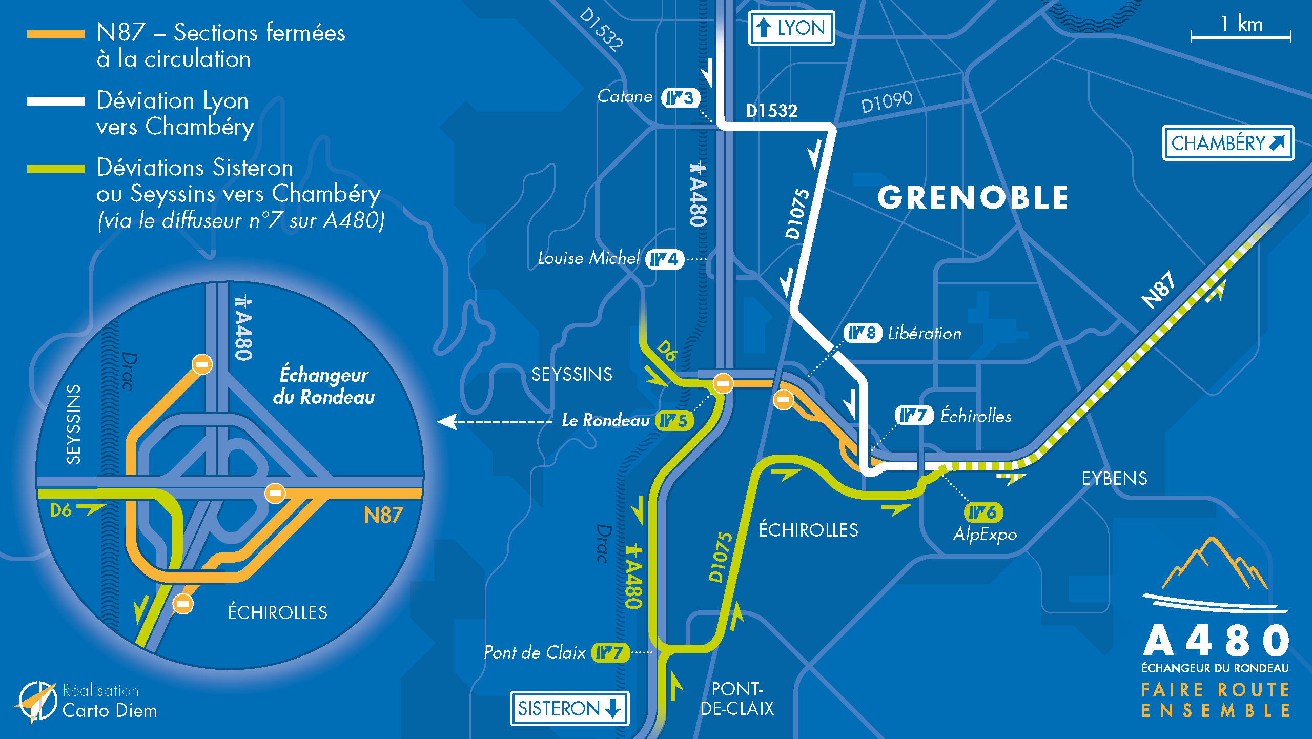 Carte de déviation suite aux travaux d'aménagement sur le secteur du Rondeau à Grenoble par les équipes de la DREAL