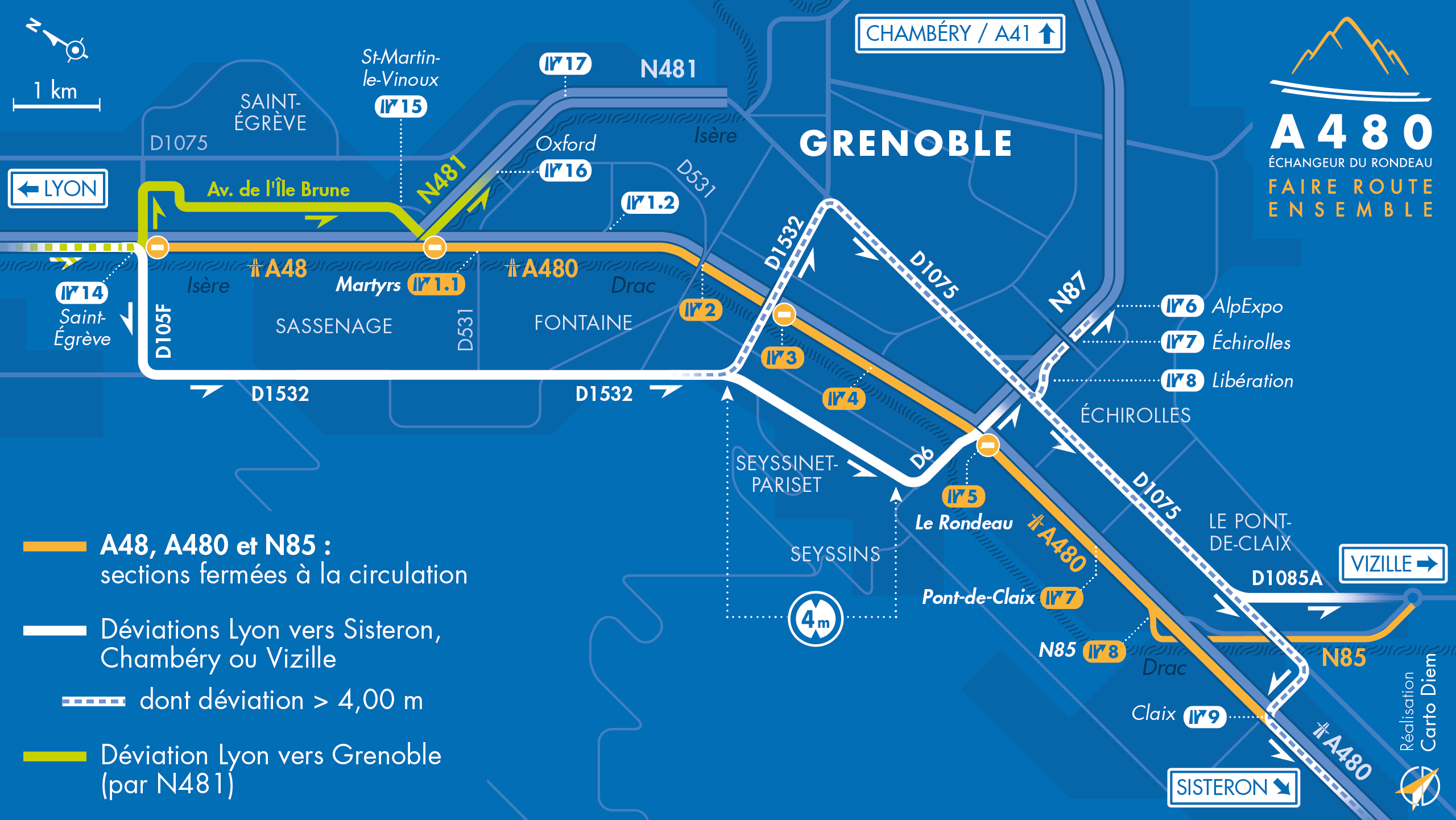 Carte de déviation suite à la fermeture de l'A480 en direction de Sisteron entre Saint-Egrève et Claix.