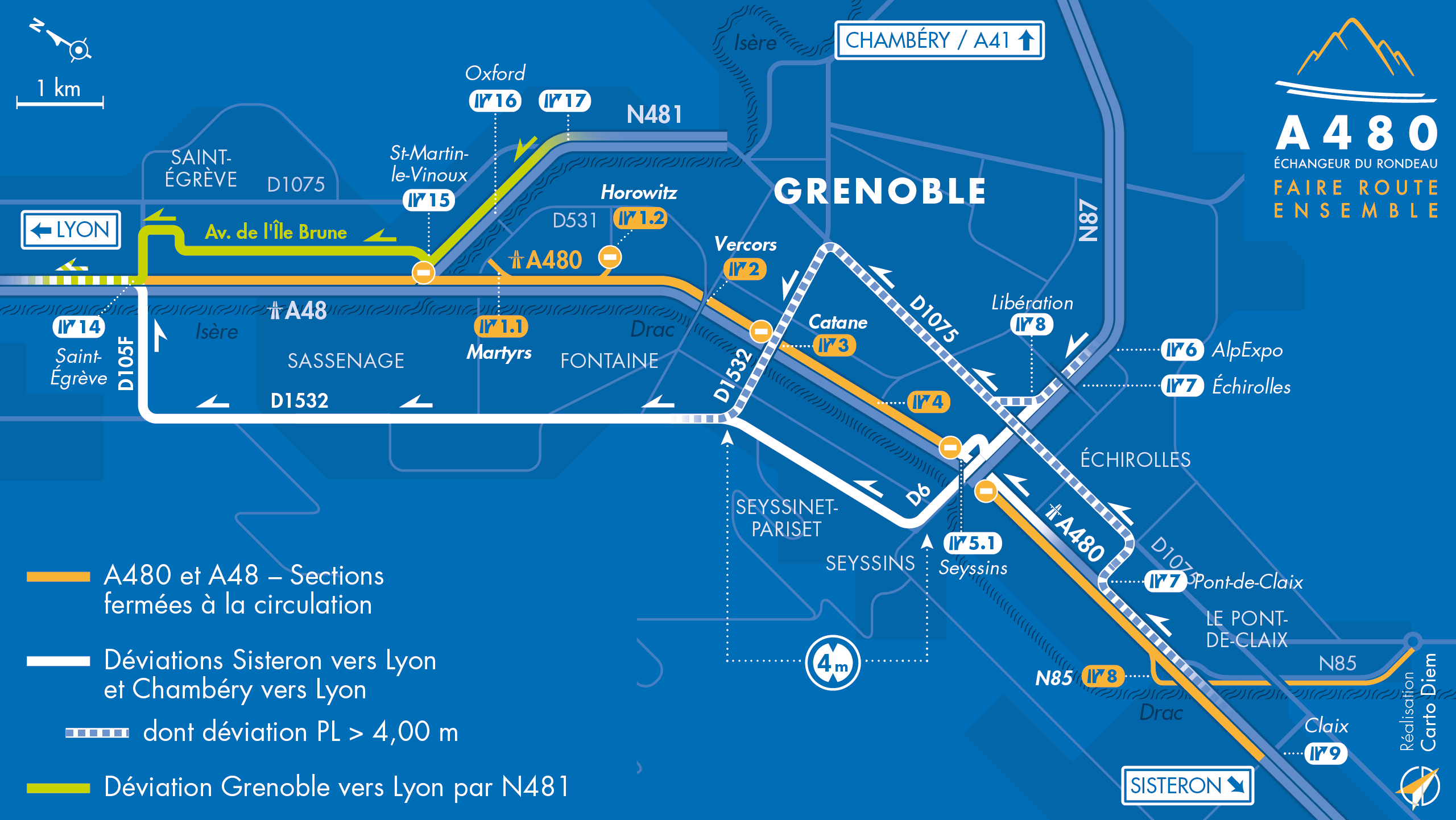 Carte de déviation suite à la fermeture de l'A480 pour maintenance annuelle entre Saint-Egrève et Claix.