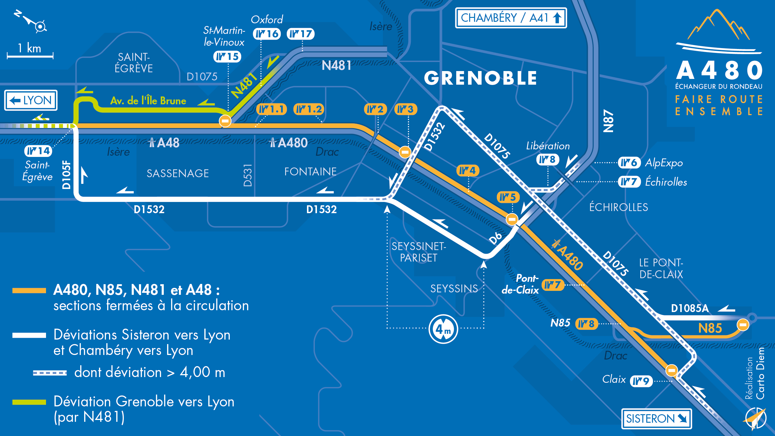 Carte de déviation suite à la fermeture de l'A480 pour maintenance annuelle entre Saint-Egrève et Claix.