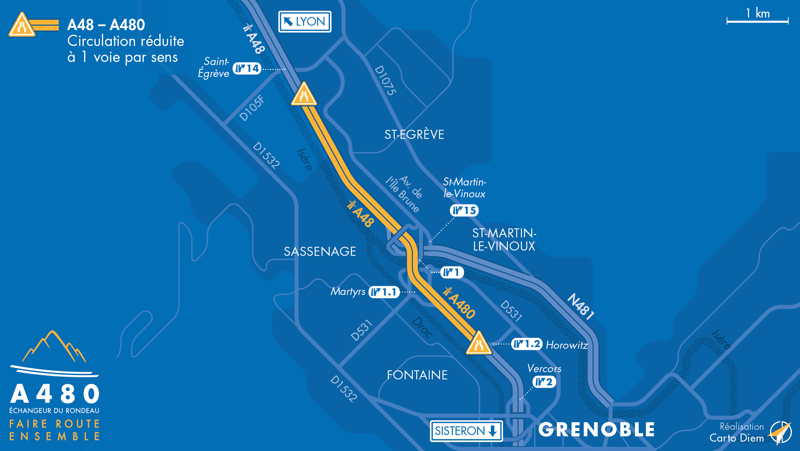 Carte de mise à une voie dans les deux sens de circulation entre Saint-Égrève et Fontaine sur l'autoroute A480.
