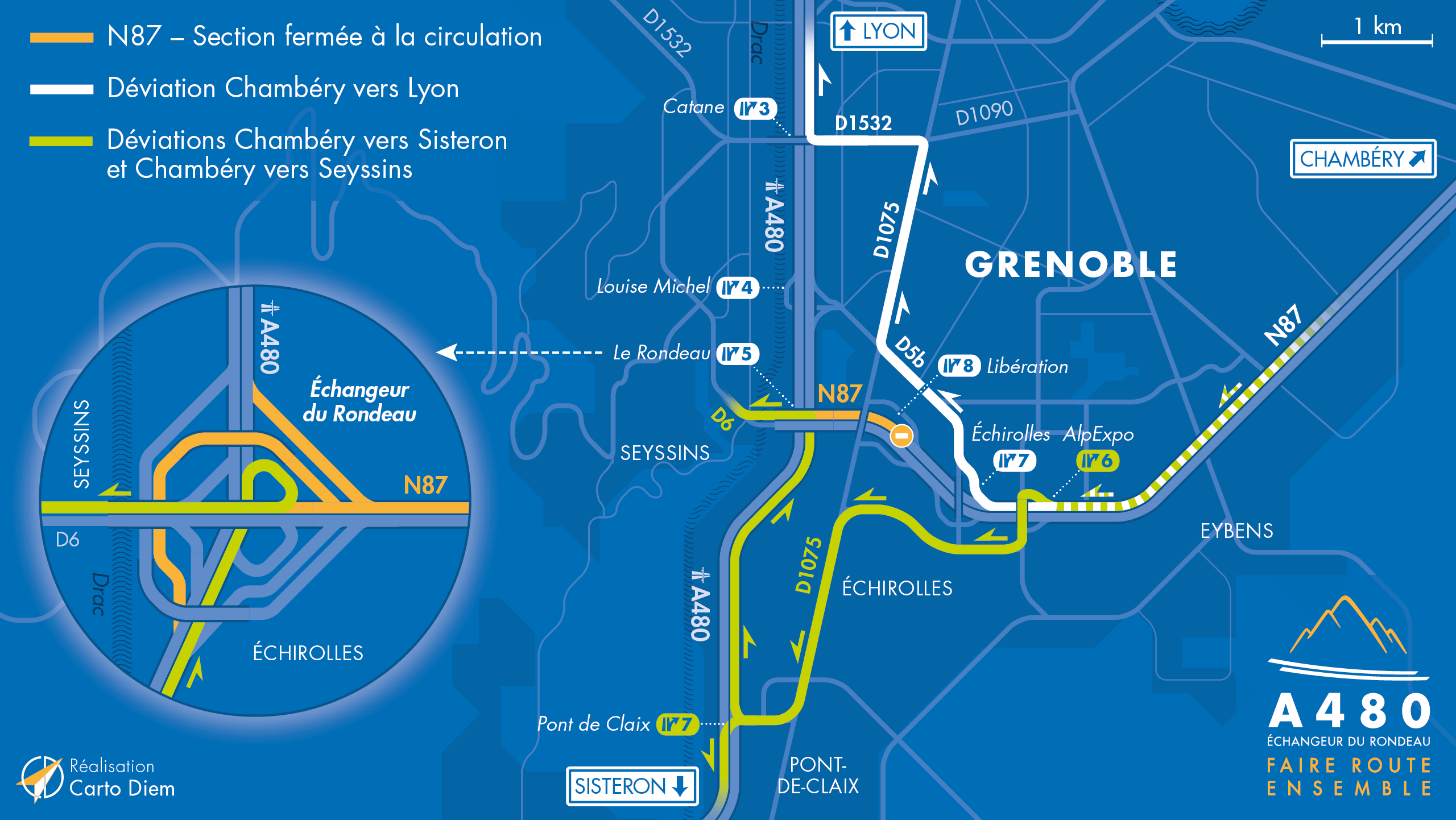 Carte de déviation suite aux travaux d'aménagement sur la nationale N87 par les équipes de la DREAL