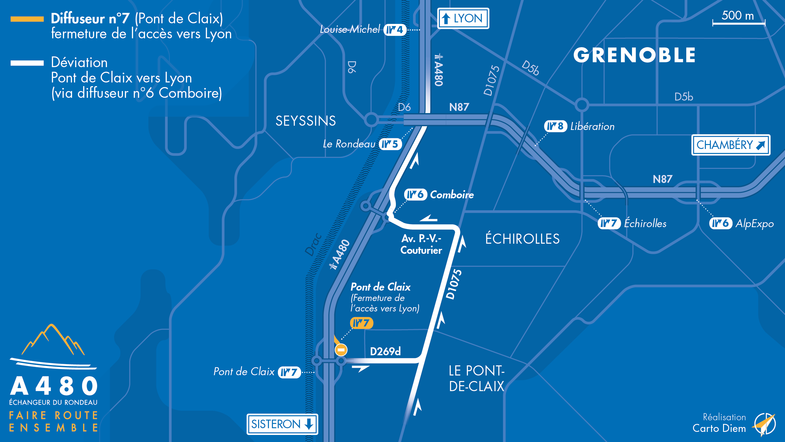 Carte de déviation suite aux travaux sur l'autoroute A480 au niveau du diffuseur de Pont de Claix