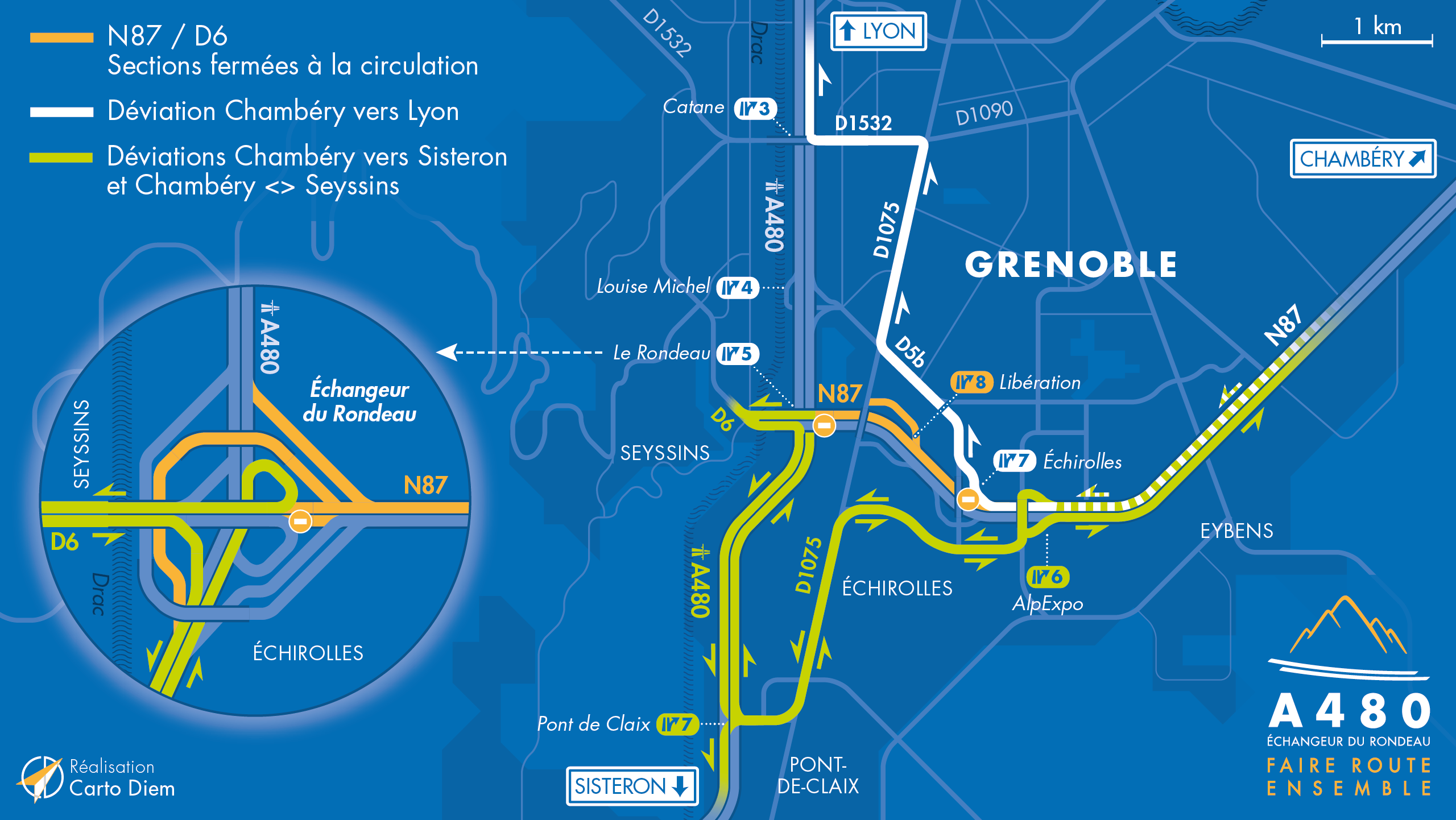 Carte de déviation sur le secteur du Rondeau suite aux travaux d'aménagement par les équipes de la DREAL